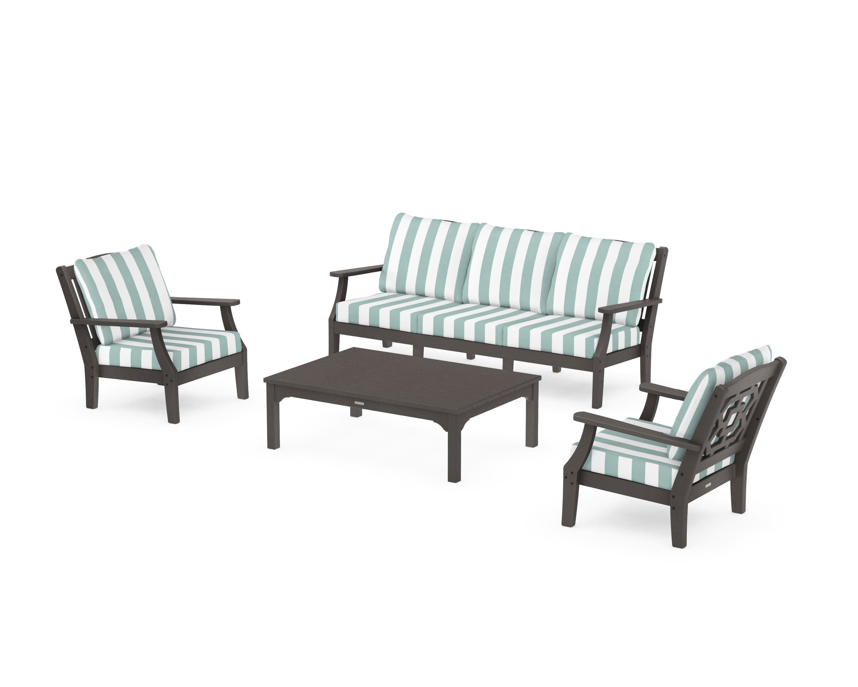 Chinoiserie 4-Piece Deep Seating Set with Sofa in Vintage Coffee / Cabana Stripe Glacier Spa