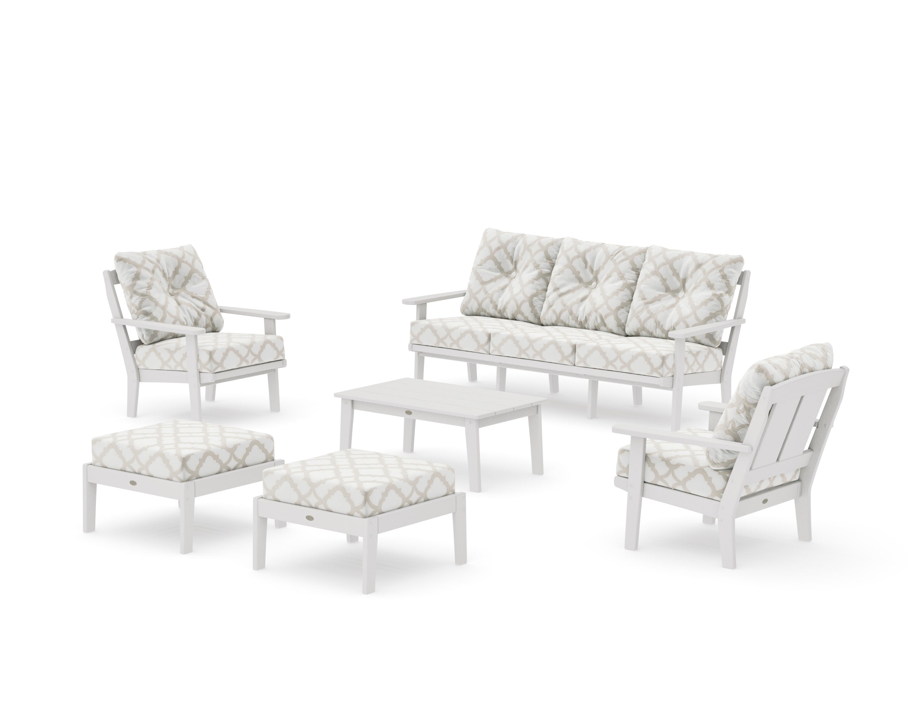 Mission 6-Piece Lounge Sofa Set in Vintage White / Trellis Dune Burlap