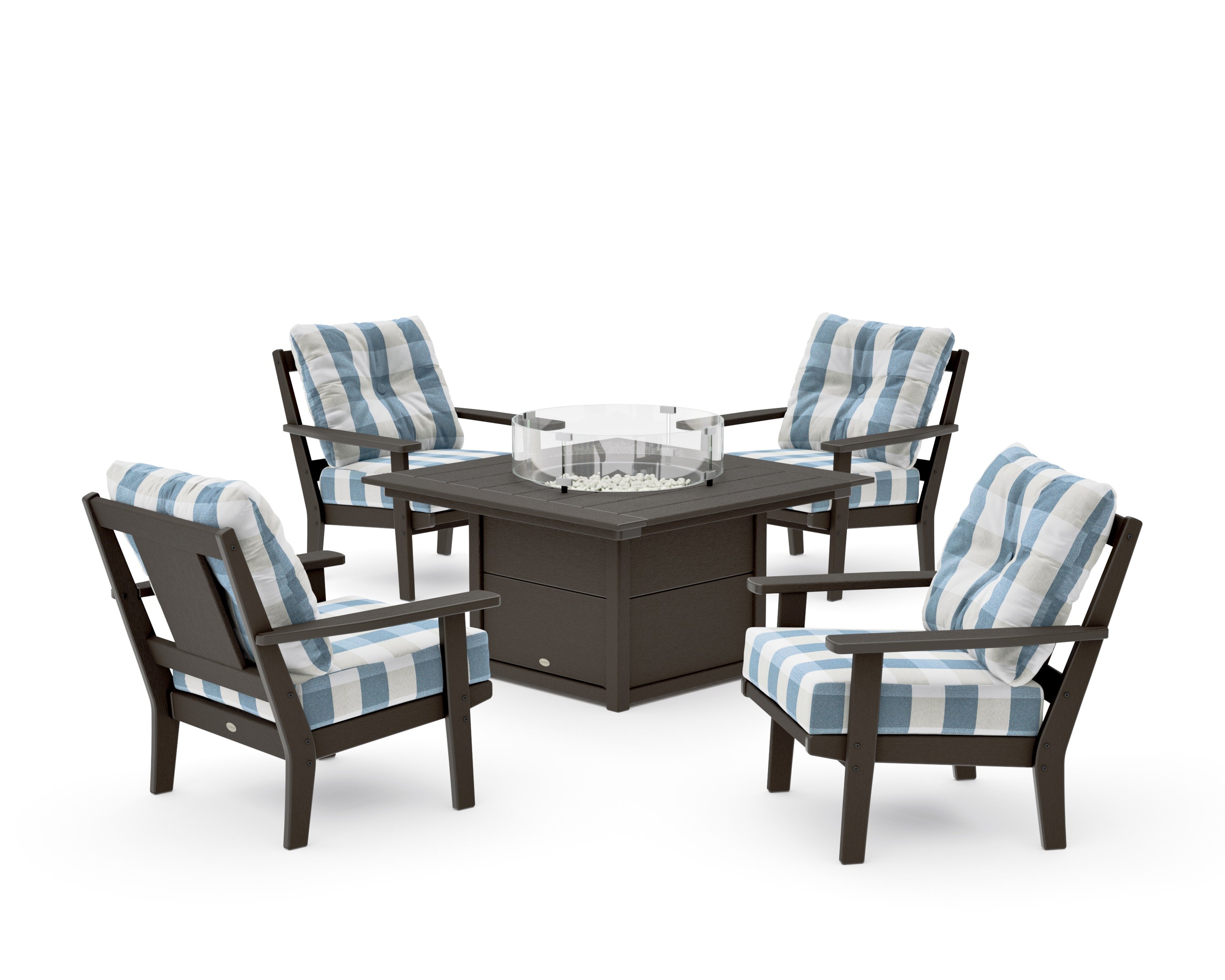 Prairie 5-Piece Deep Seating Set with Fire Pit Table in Vintage Coffee / Buffalo Plaid Sky Blue