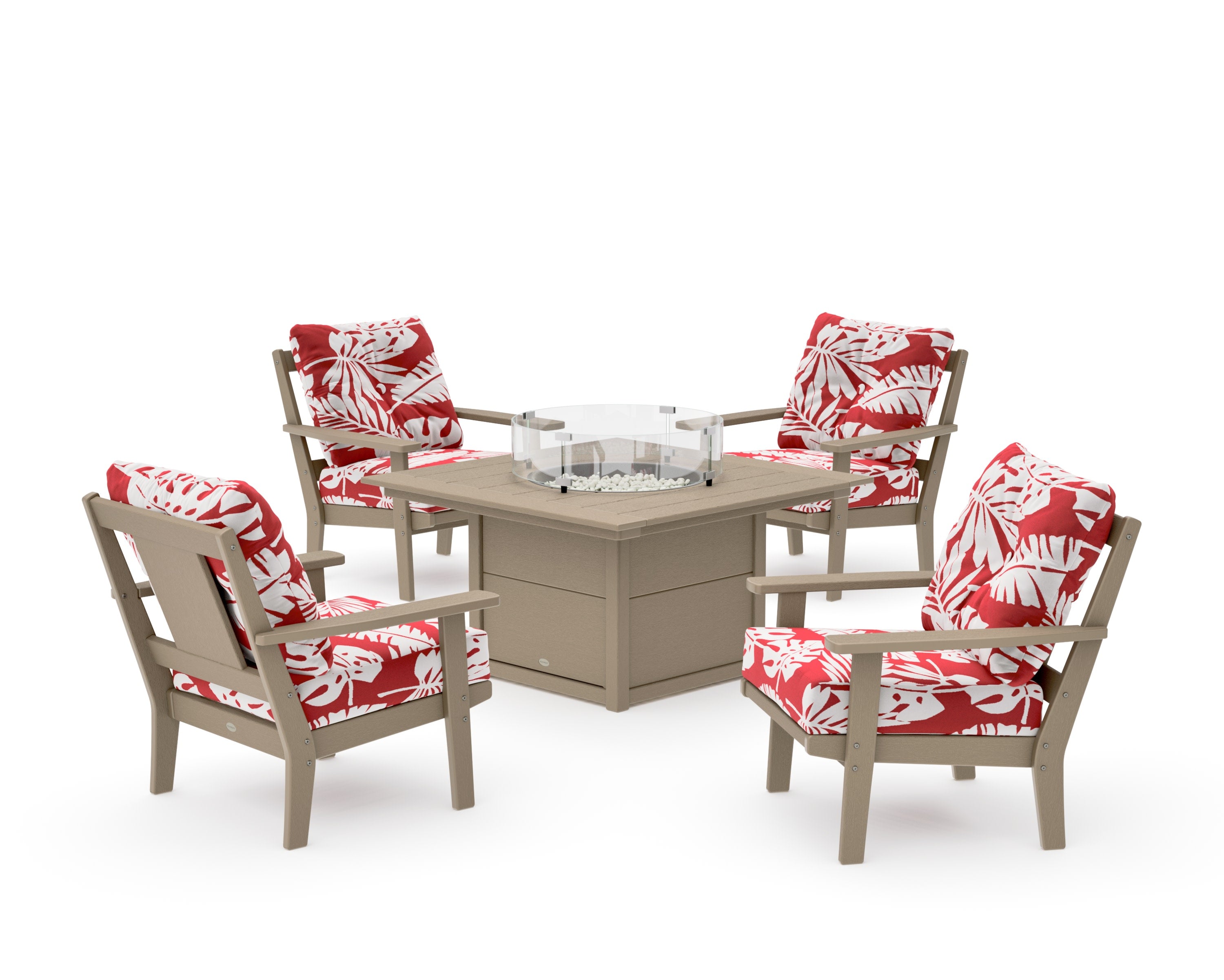Prairie 5-Piece Deep Seating Set with Fire Pit Table in Vintage Sahara / Leaf Crimson