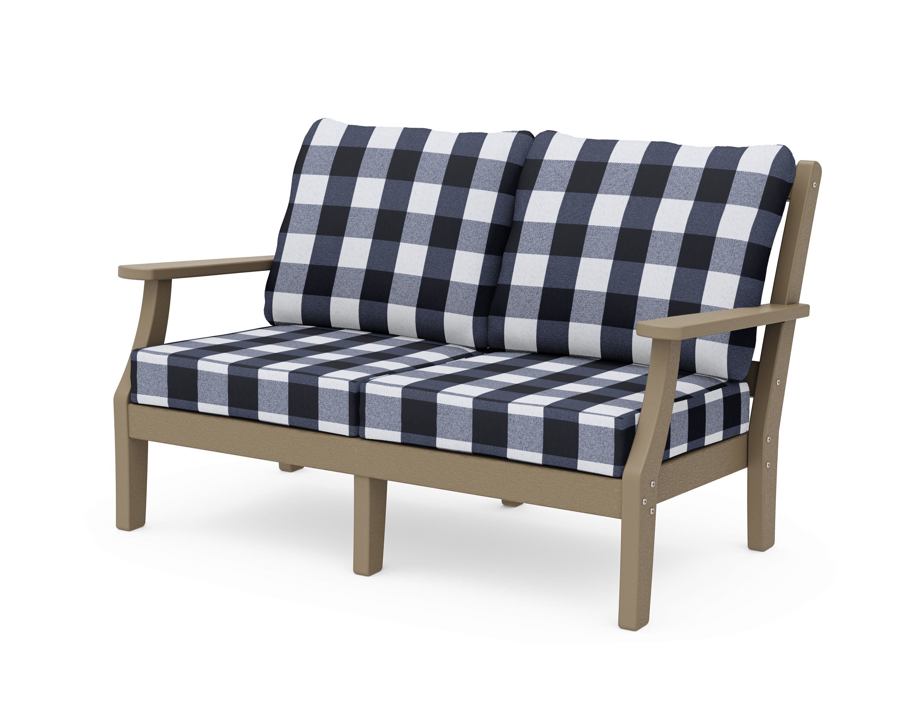 Chinoiserie Deep Seating Loveseat in Vintage Sahara / Buffalo Plaid Marine Indigo