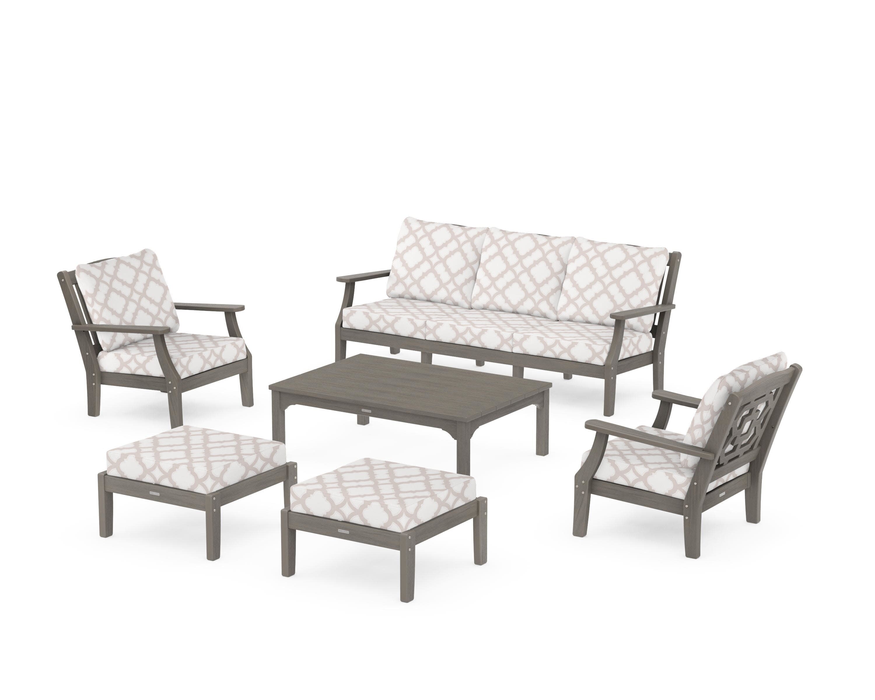 Chinoiserie 6-Piece Lounge Sofa Set in Driftwood / Trellis Dune Burlap