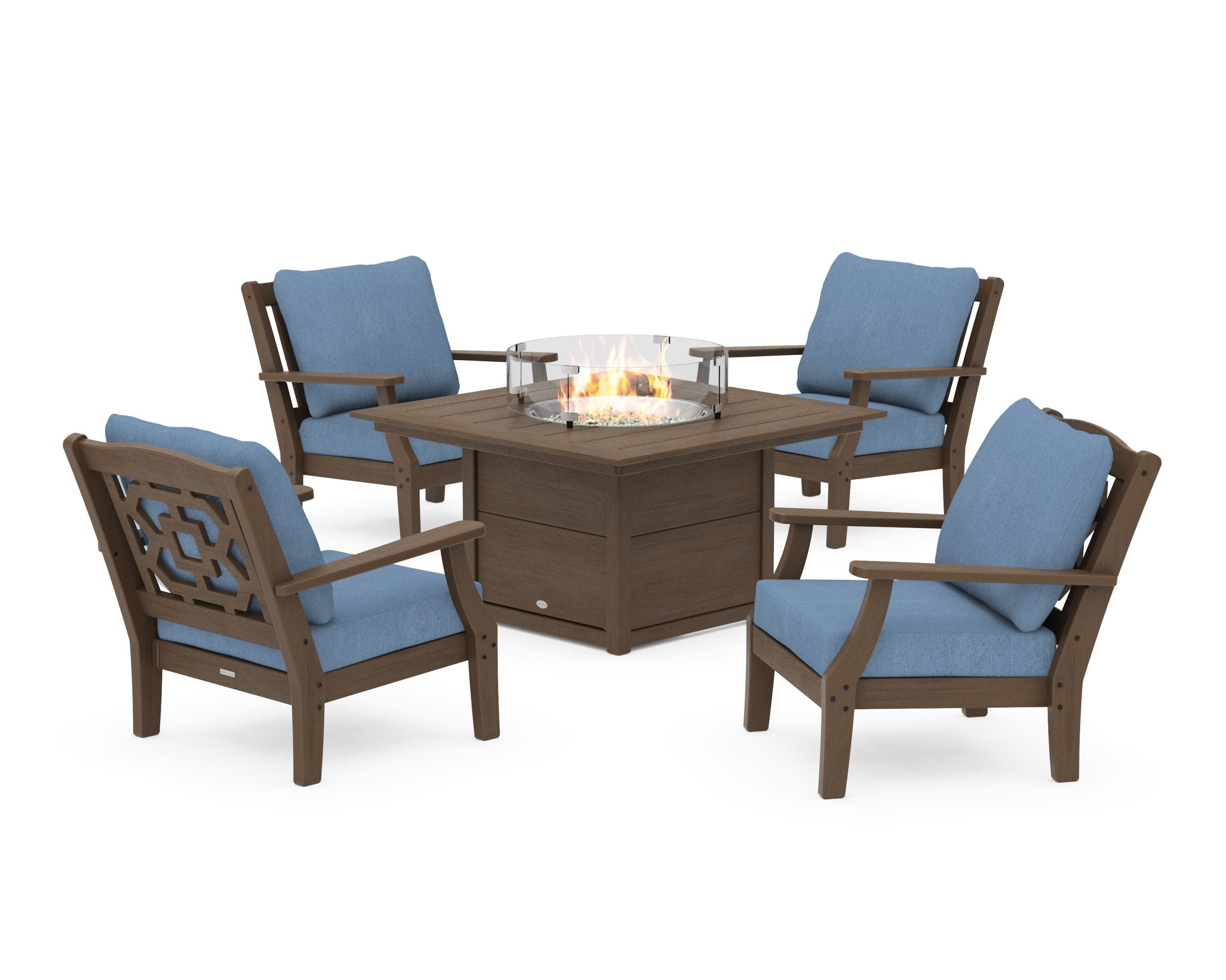 Chinoiserie 5-Piece Deep Seating Set with Fire Pit Table in Kona / Sky Blue