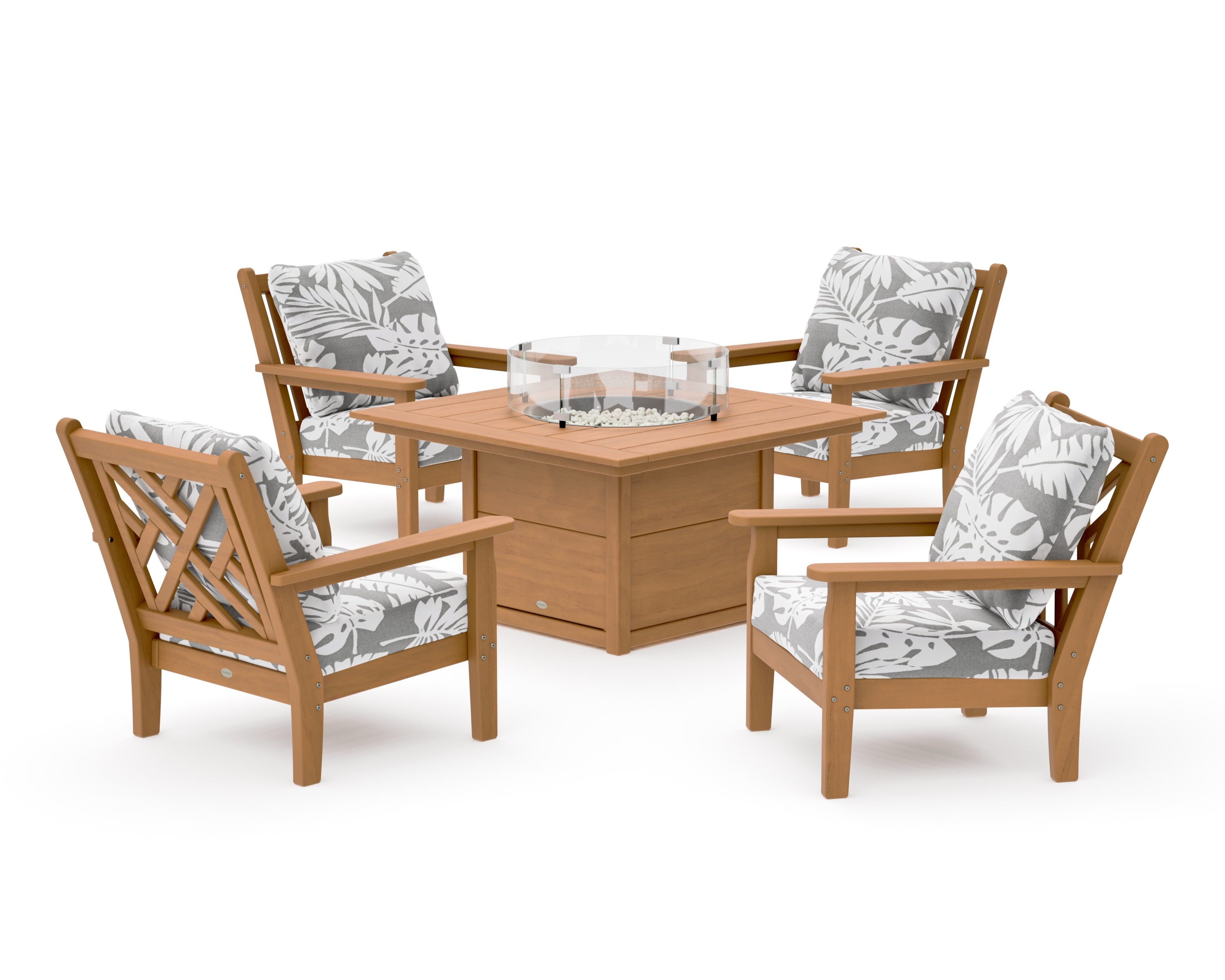 Chippendale 5-Piece Deep Seating Set with Fire Pit Table in Natural / Leaf Grey Mist