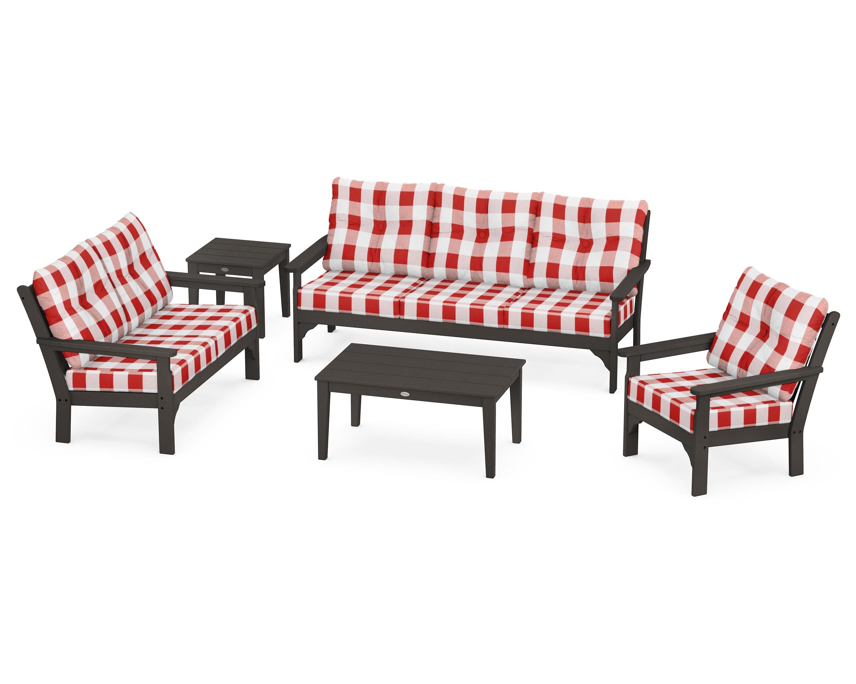 Vineyard 5 Piece Deep Seating Set in Vintage Coffee / Buffalo Plaid Crimson