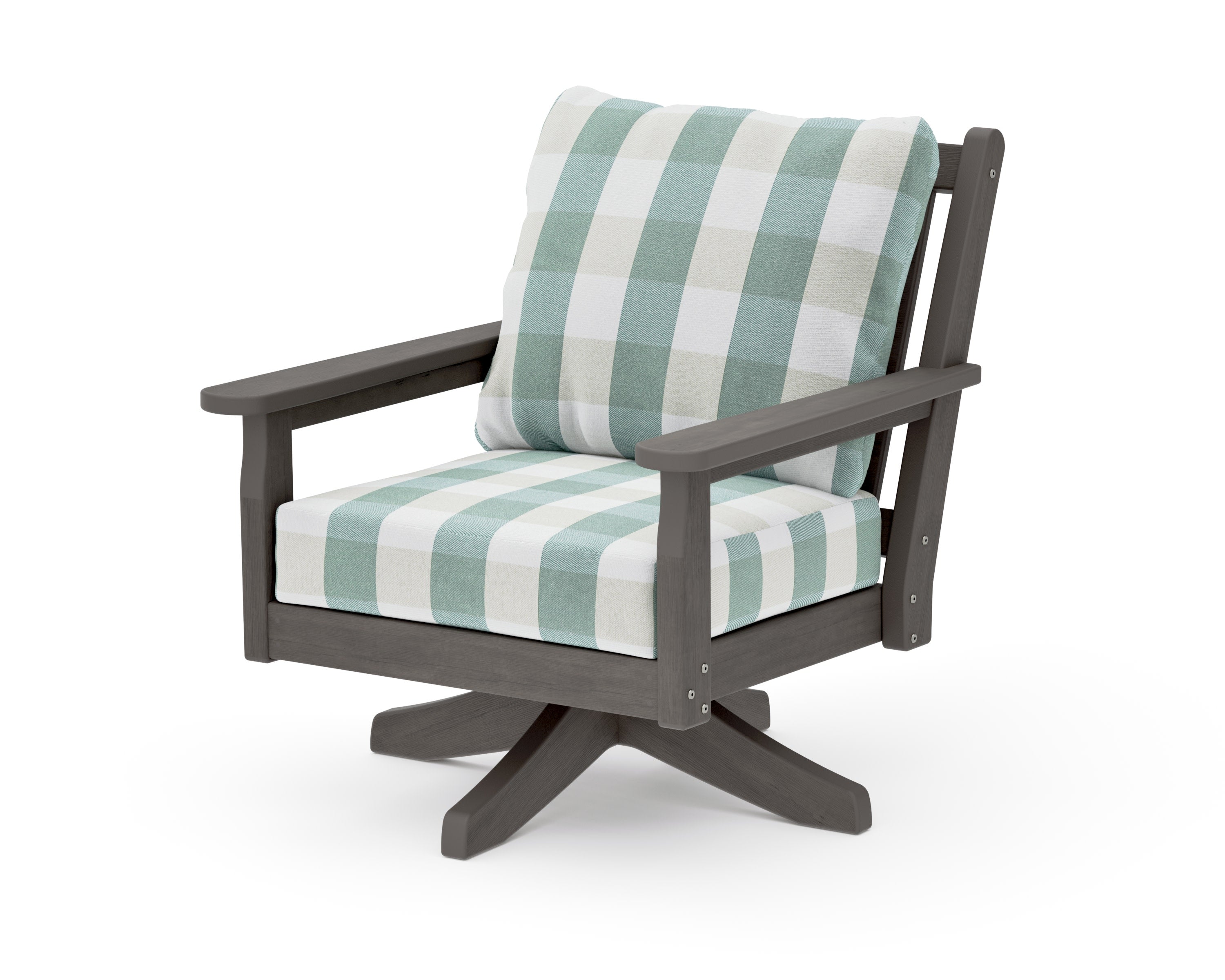 Chippendale Deep Seating Swivel Chair in Driftwood / Buffalo Plaid Glacier Spa