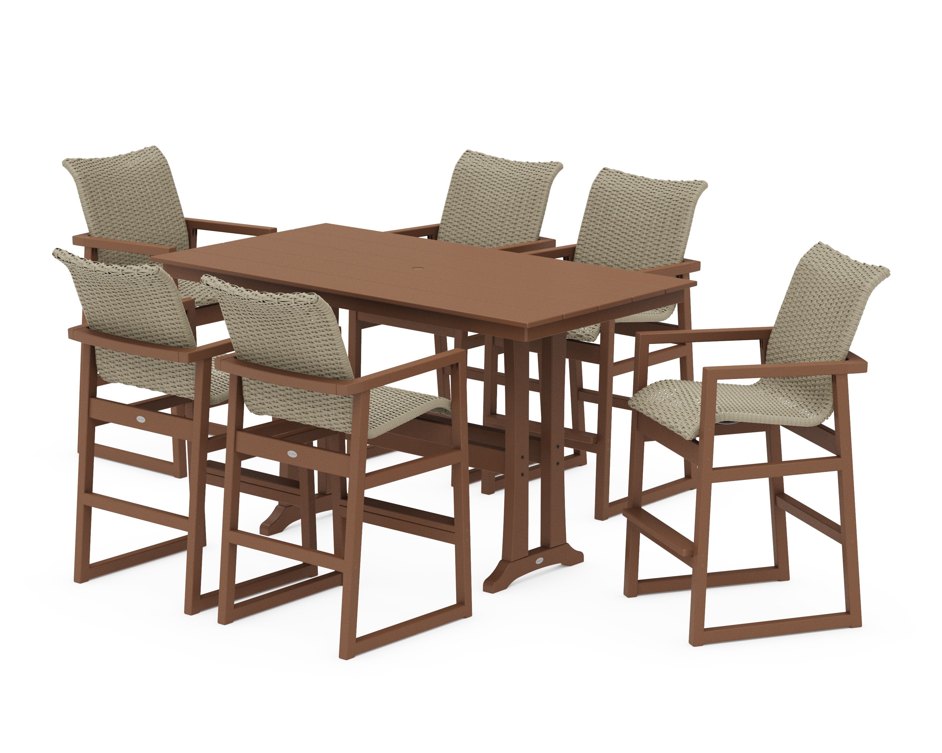 EDGE Woven Arm Chair 7-Piece Farmhouse Bar Set with Trestle Legs in Teak / Dune Grass