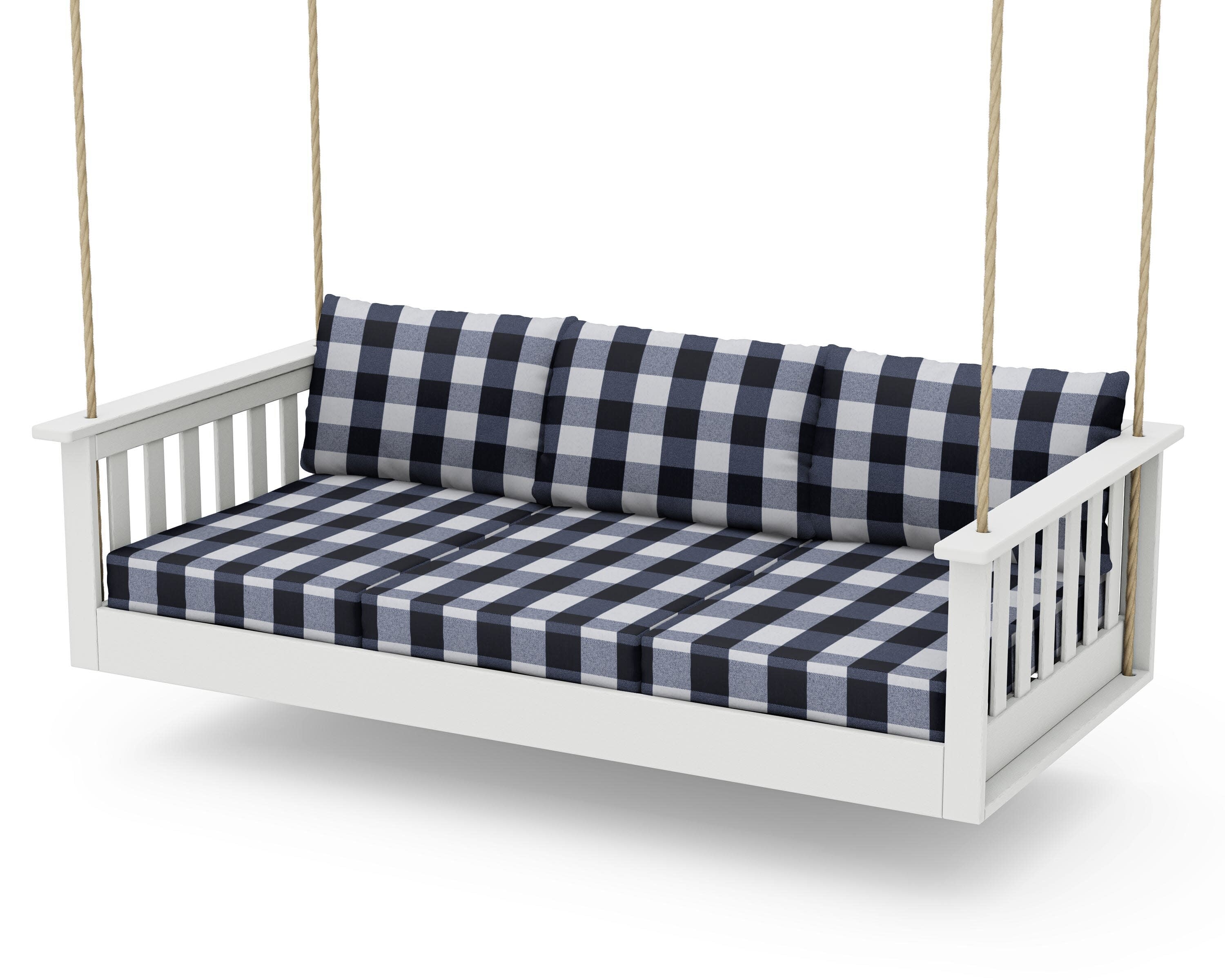 Vineyard Daybed Swing in Vintage White / Buffalo Plaid Marine Indigo