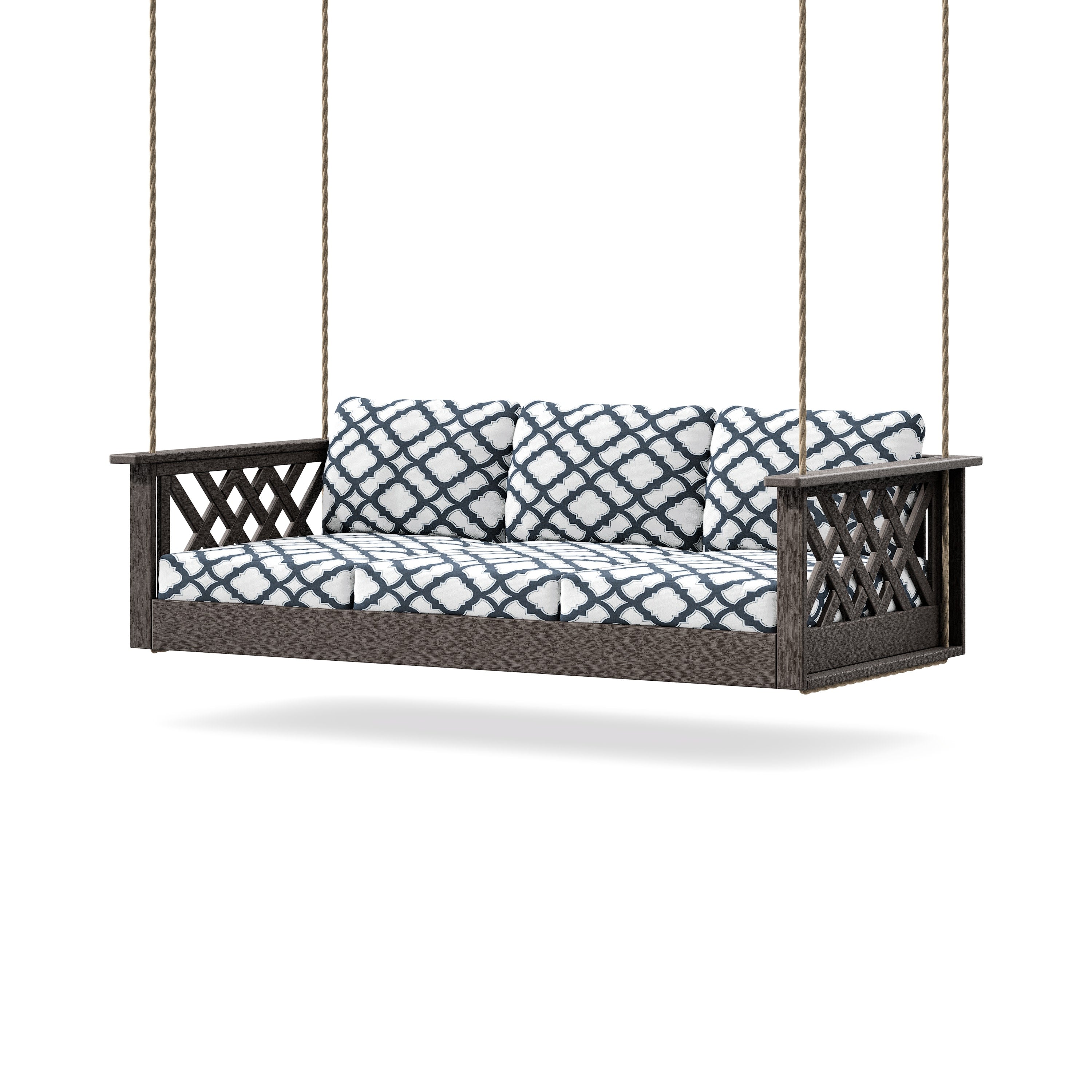 Wovendale Daybed Swing in Vintage Coffee / Trellis Marine Indigo
