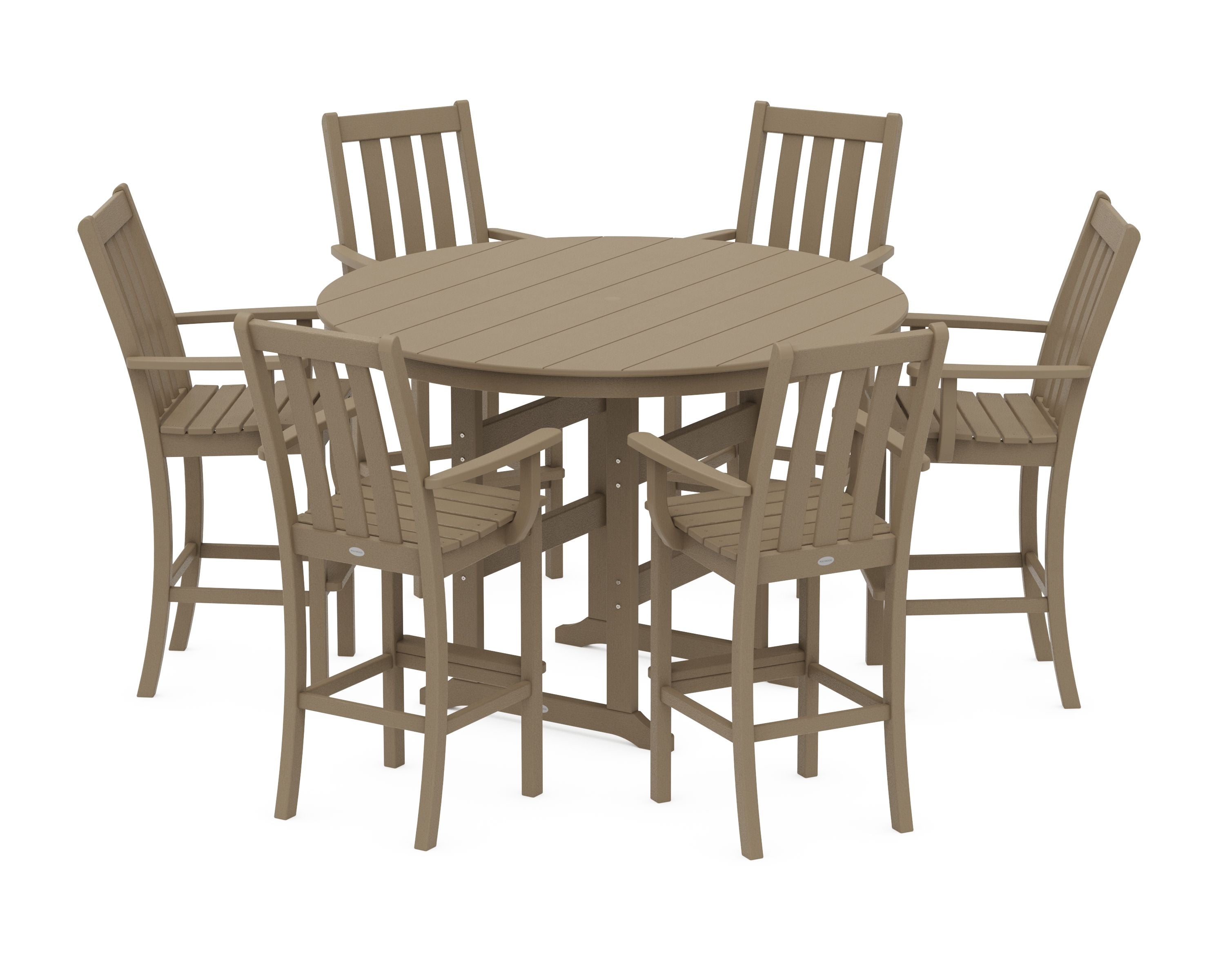 Vineyard 7-Piece Arm Chair Round Farmhouse Bar Set in Vintage Sahara