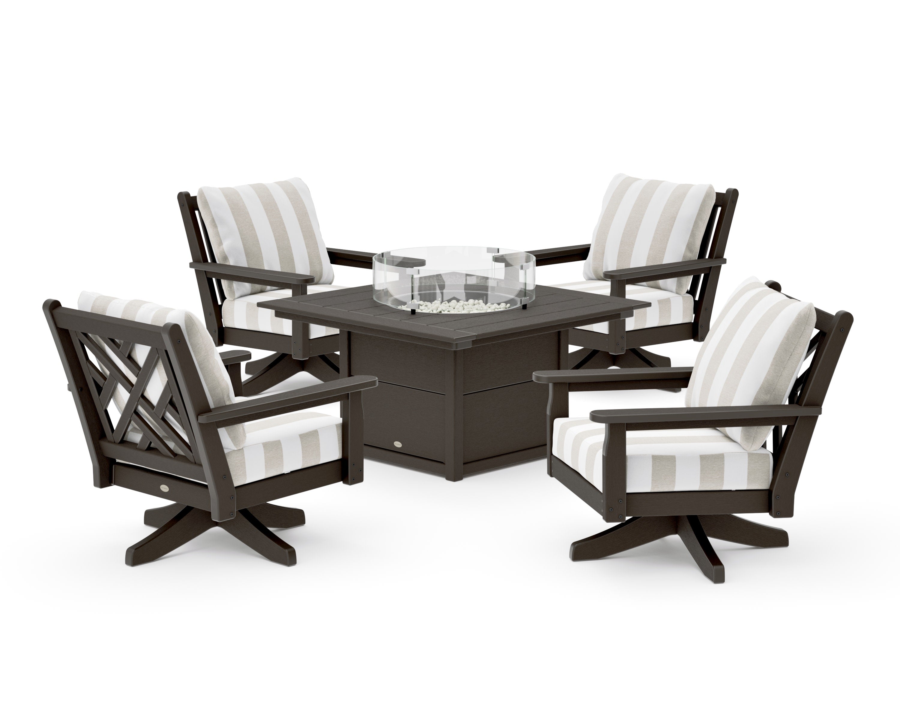Chippendale 5-Piece Deep Seating Swivel Conversation Set with Fire Pit Table in Vintage Coffee / Cabana Stripe Dune Burlap