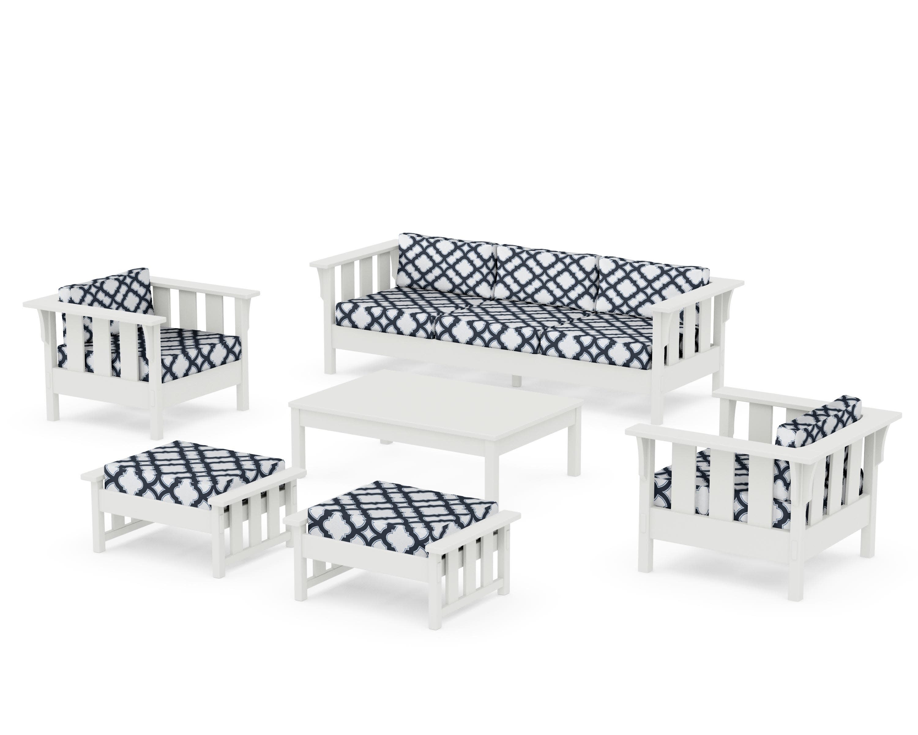 Acadia 6-Piece Lounge Sofa Set in Vintage White / Trellis Marine Indigo