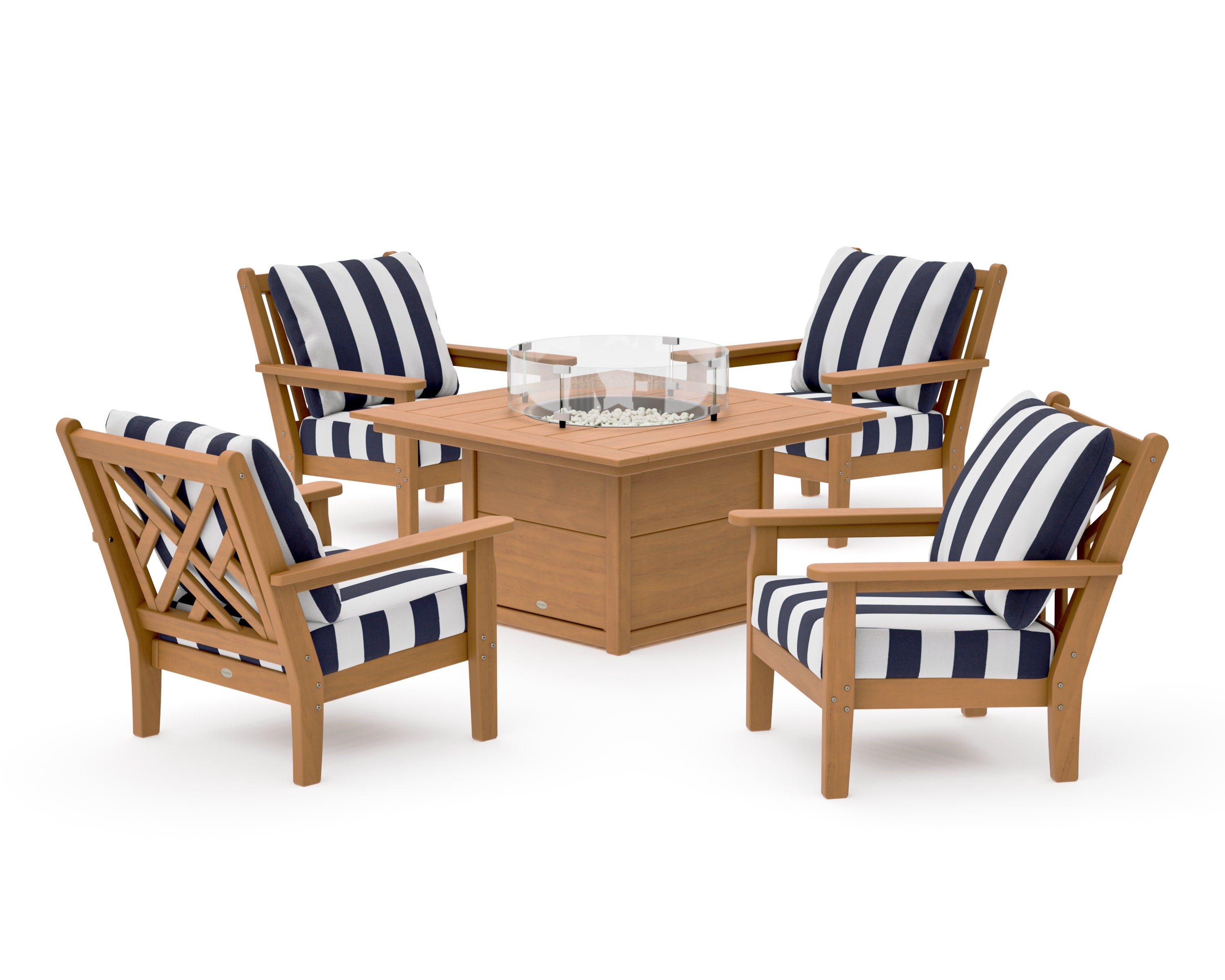 Chippendale 5-Piece Deep Seating Set with Fire Pit Table in Natural / Cabana Stripe Navy