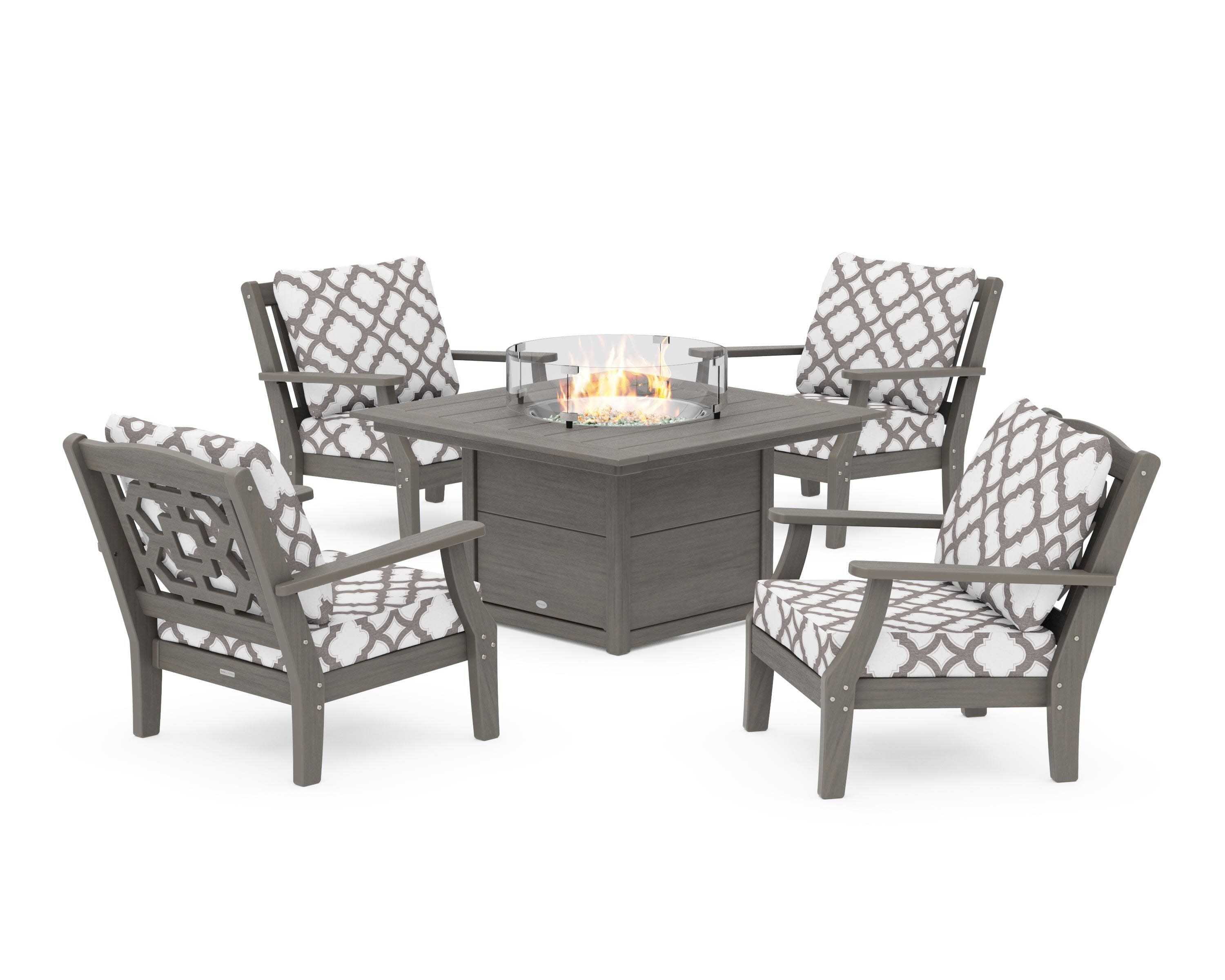 Chinoiserie 5-Piece Deep Seating Set with Fire Pit Table in Driftwood / Trellis Grey Mist