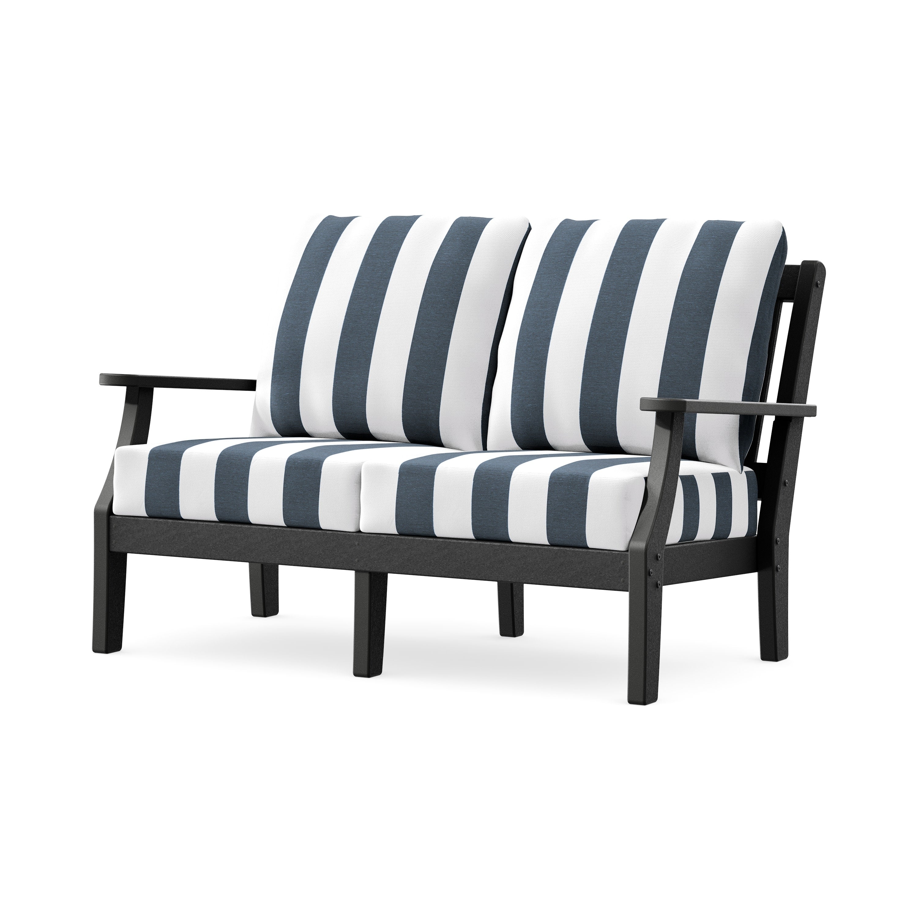 Chinoiserie Deep Seating Loveseat in Black / Cabana Stripe Marine Indigo