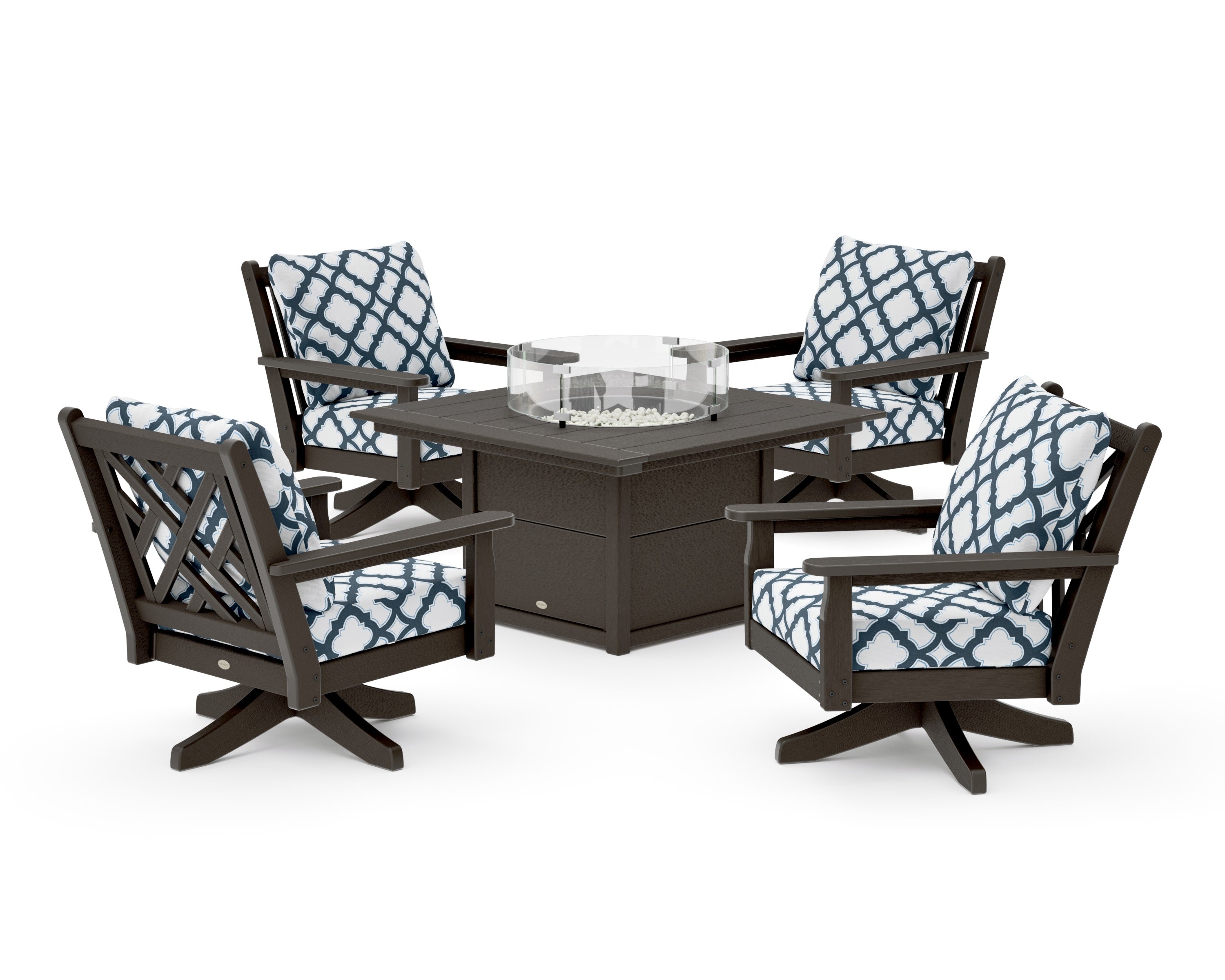 Chippendale 5-Piece Deep Seating Swivel Conversation Set with Fire Pit Table in Vintage Coffee / Trellis Marine Indigo