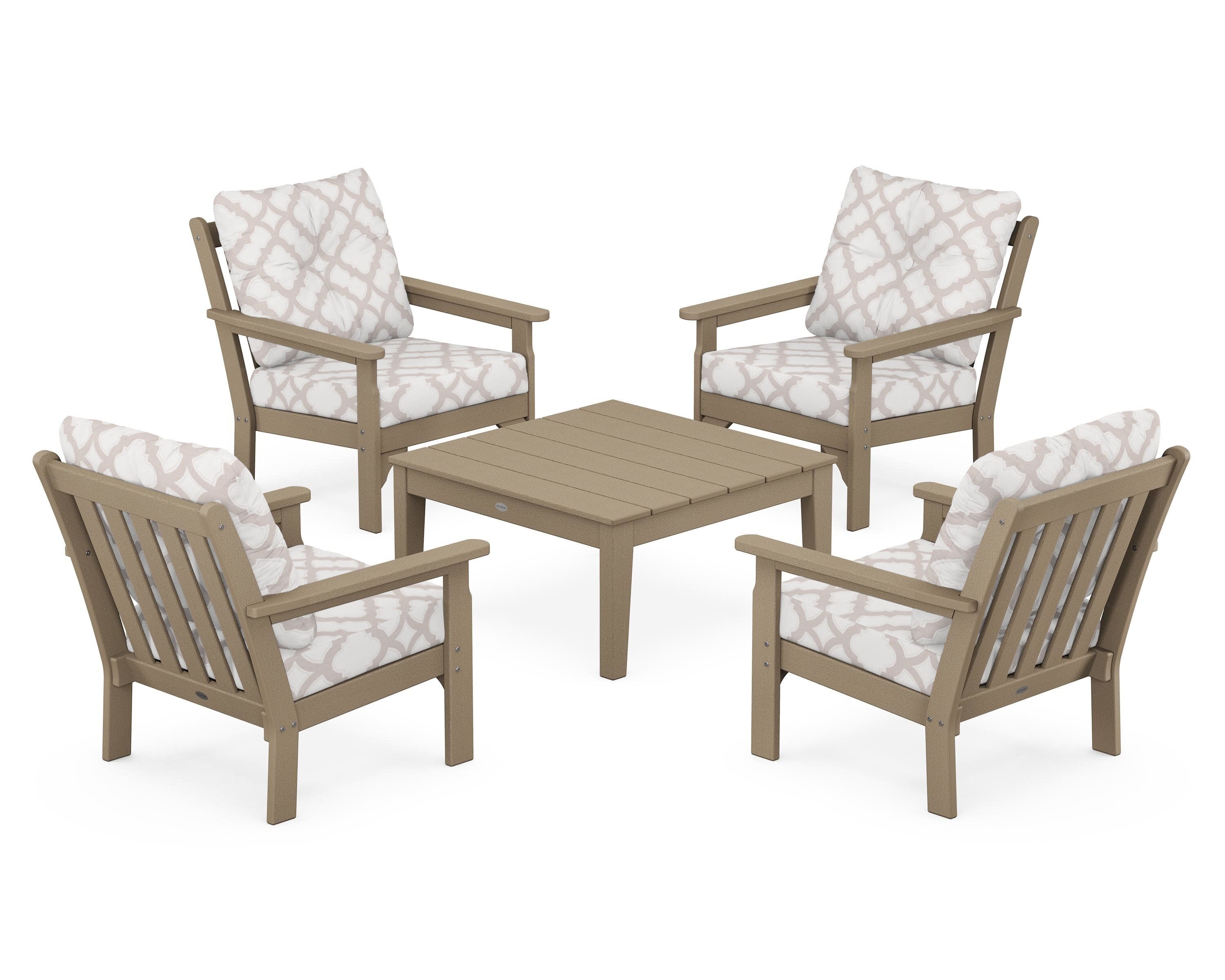 Vineyard 5-Piece Deep Seating Conversation Set in Vintage Sahara / Trellis Dune Burlap