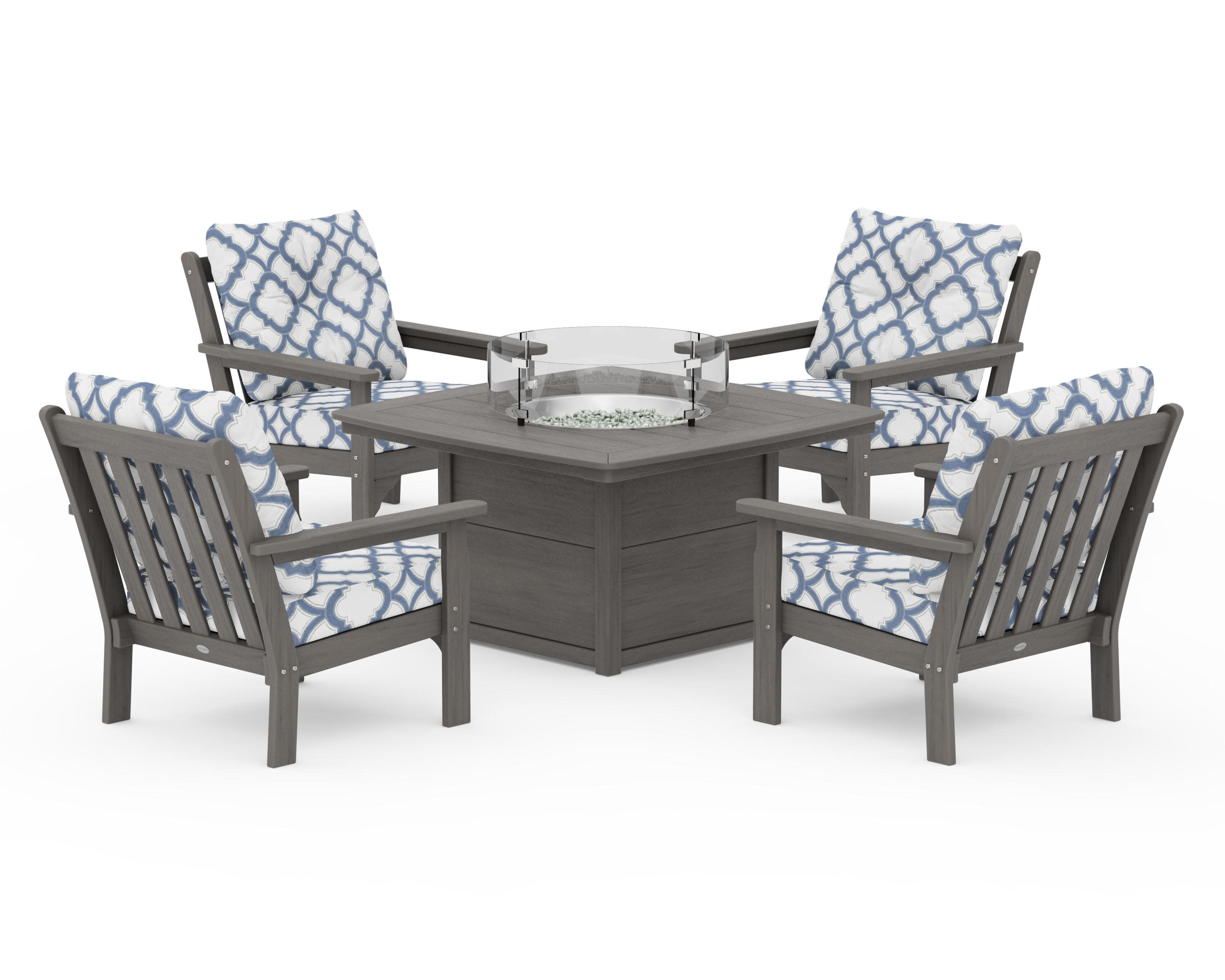 Vineyard 5-Piece Conversation Set with Fire Pit Table in Driftwood / Trellis Sky Blue