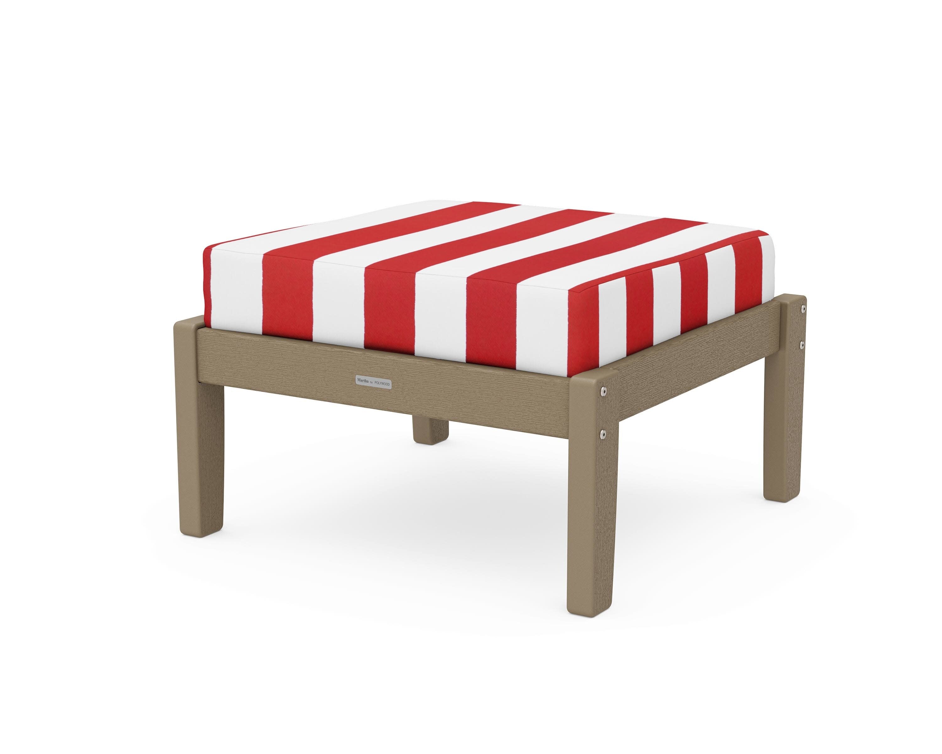 Chinoiserie Deep Seating Ottoman in Vintage Sahara / Cabana Stripe Crimson