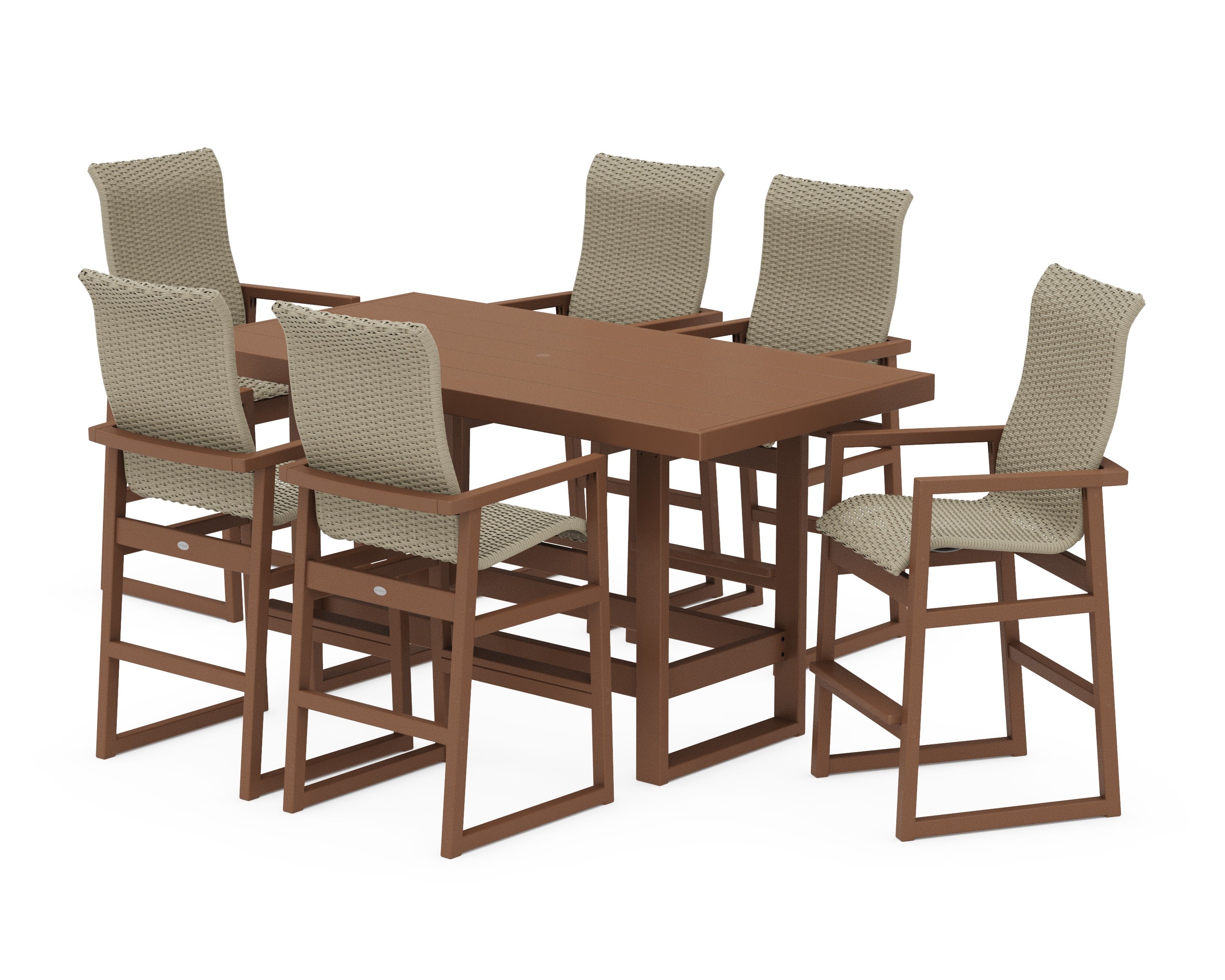 EDGE Woven Highback Arm Chair 7-Piece Bar Set in Teak / Dune Grass