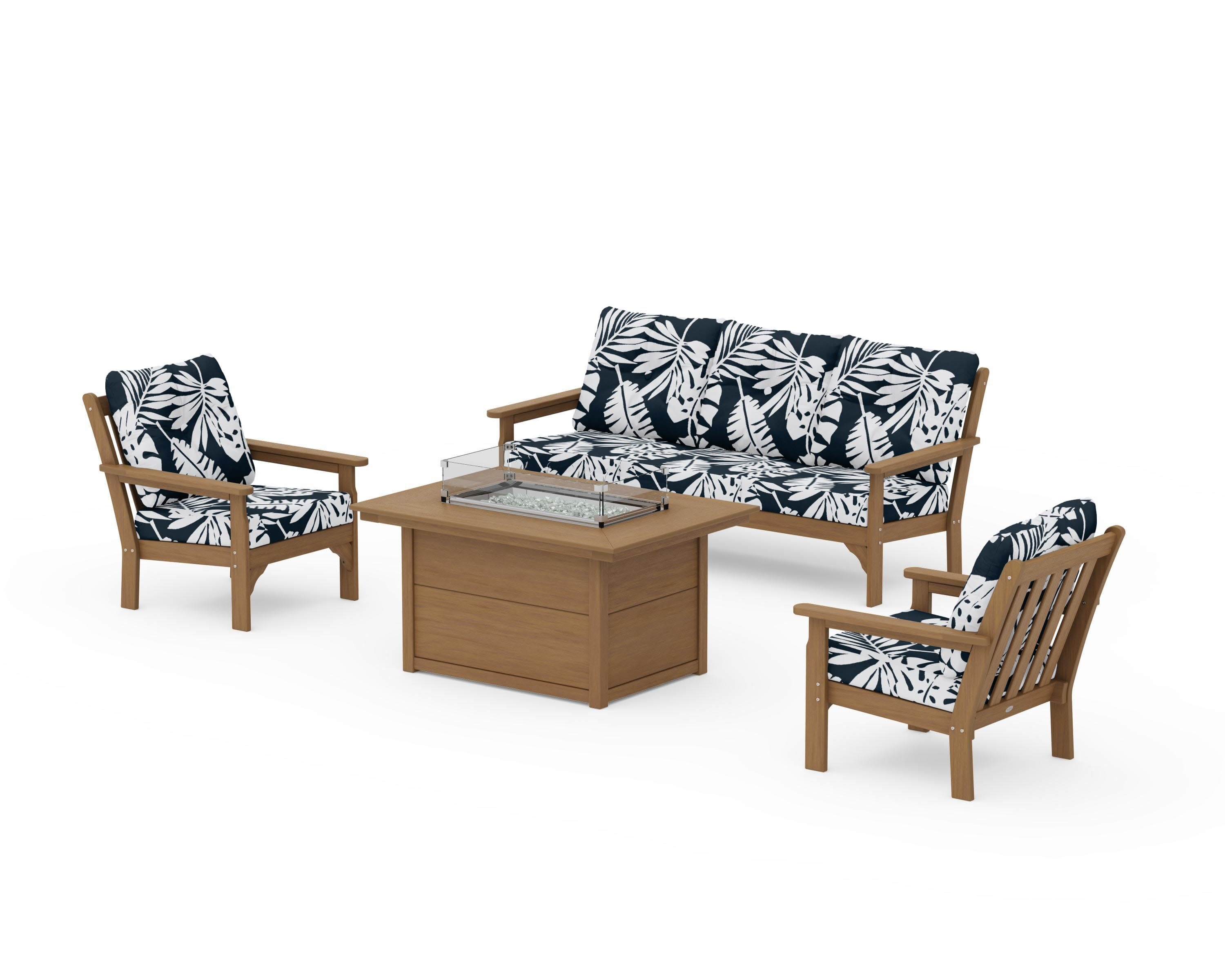 Vineyard Deep Seating Fire Pit Table Set in Natural / Leaf Marine Indigo