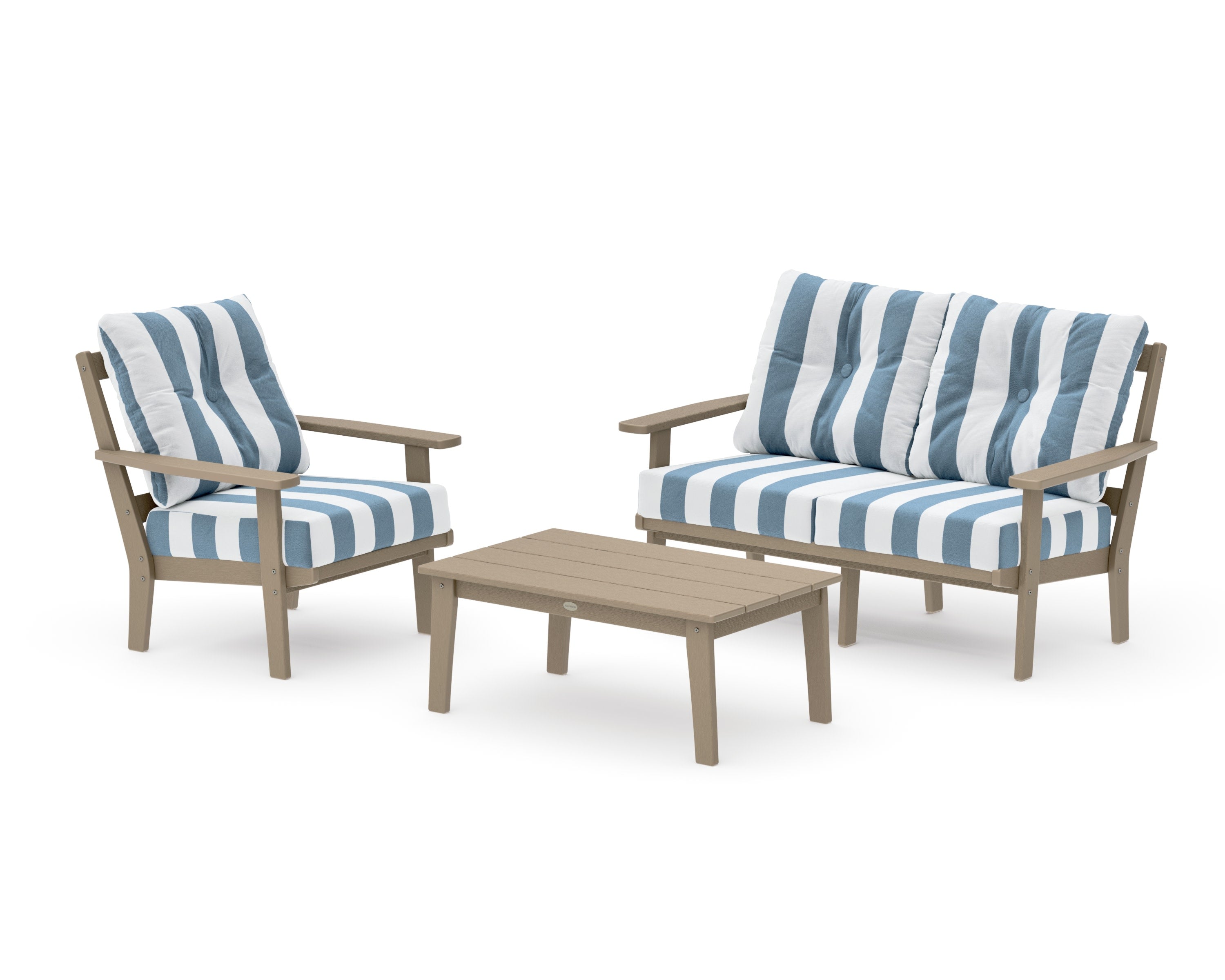 Oxford 3-Piece Deep Seating Set with Loveseat in Vintage Sahara / Cabana Stripe Sky Blue