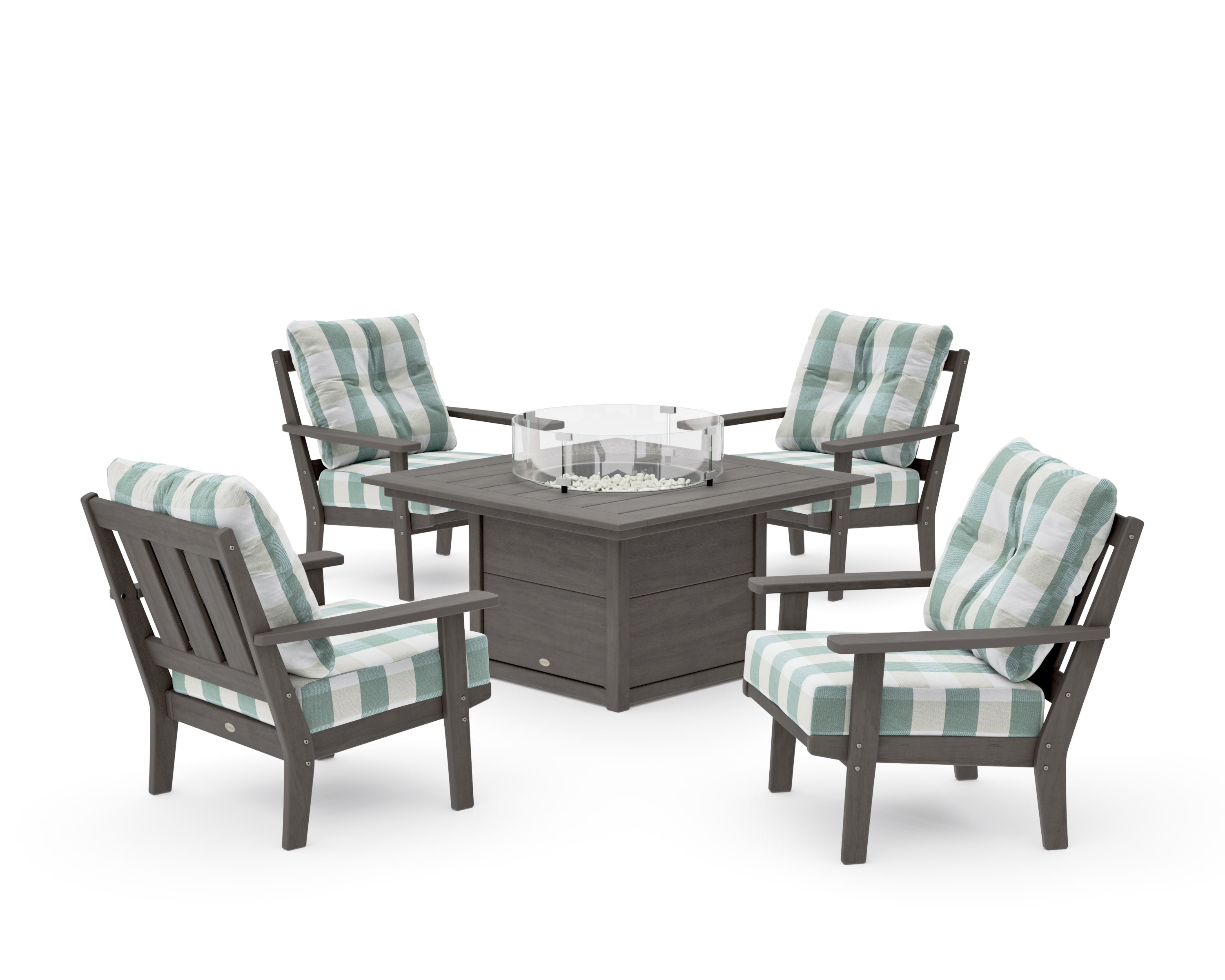 Oxford 5-Piece Deep Seating Set with Fire Pit Table in Driftwood / Buffalo Plaid Glacier Spa