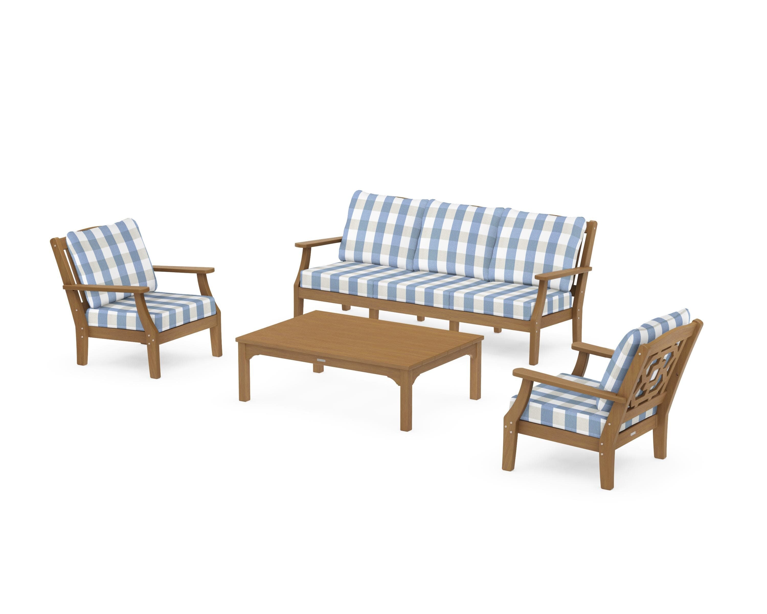 Chinoiserie 4-Piece Deep Seating Set with Sofa in Natural / Buffalo Plaid Sky Blue