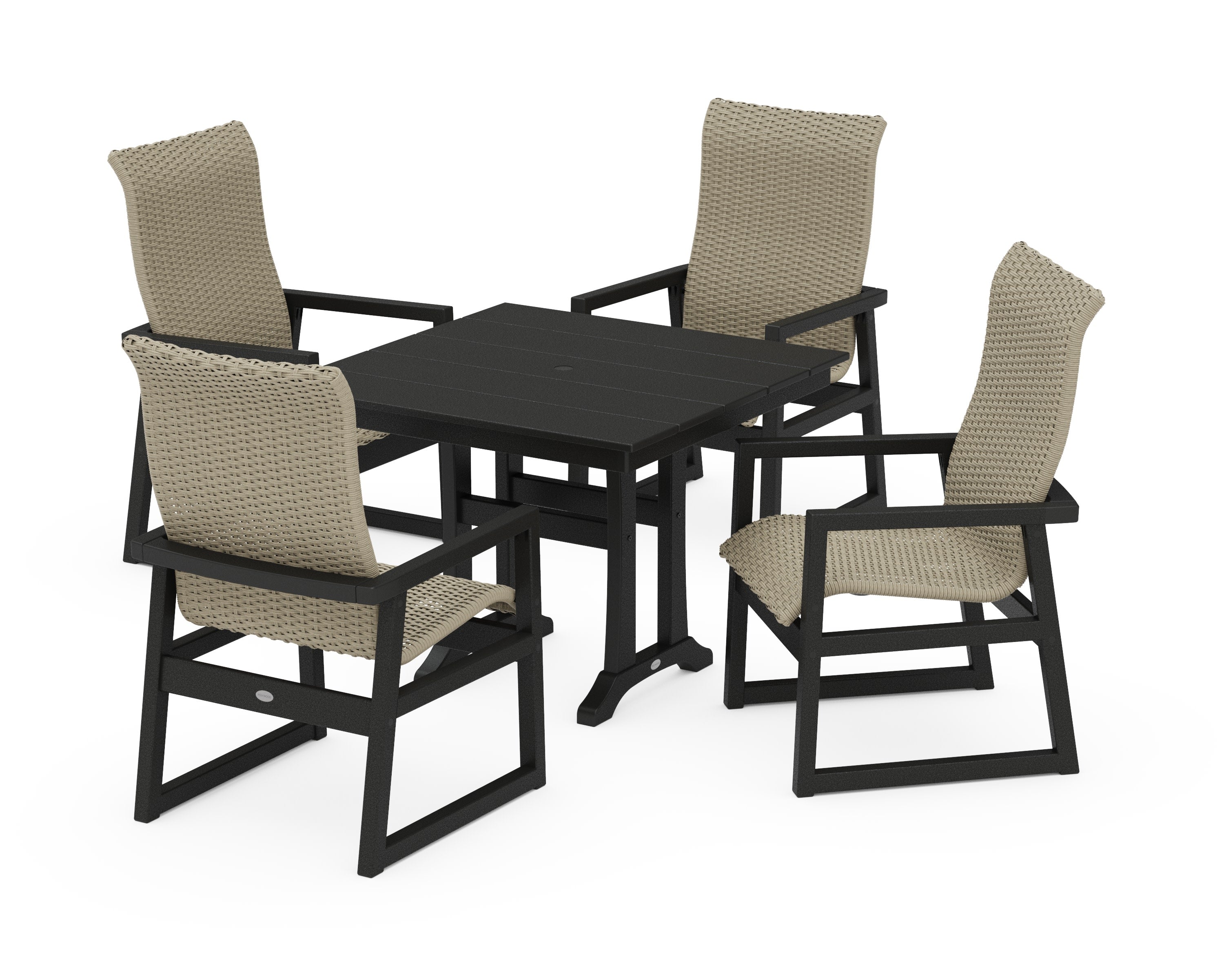 EDGE Woven Highback 5-Piece Farmhouse Dining Set with Trestle Legs in Black / Dune Grass