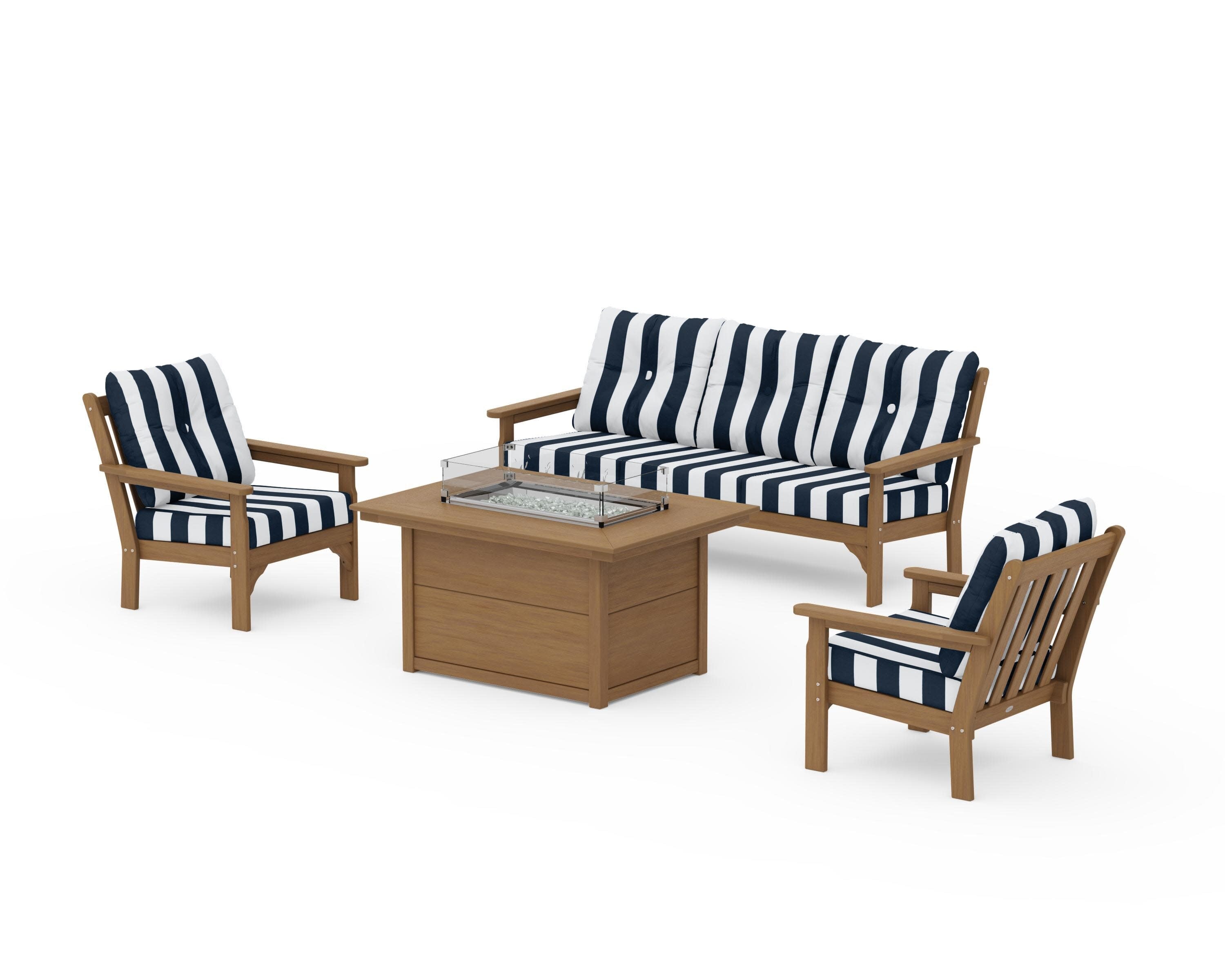 Vineyard Deep Seating Fire Pit Table Set in Natural / Cabana Stripe Marine Indigo