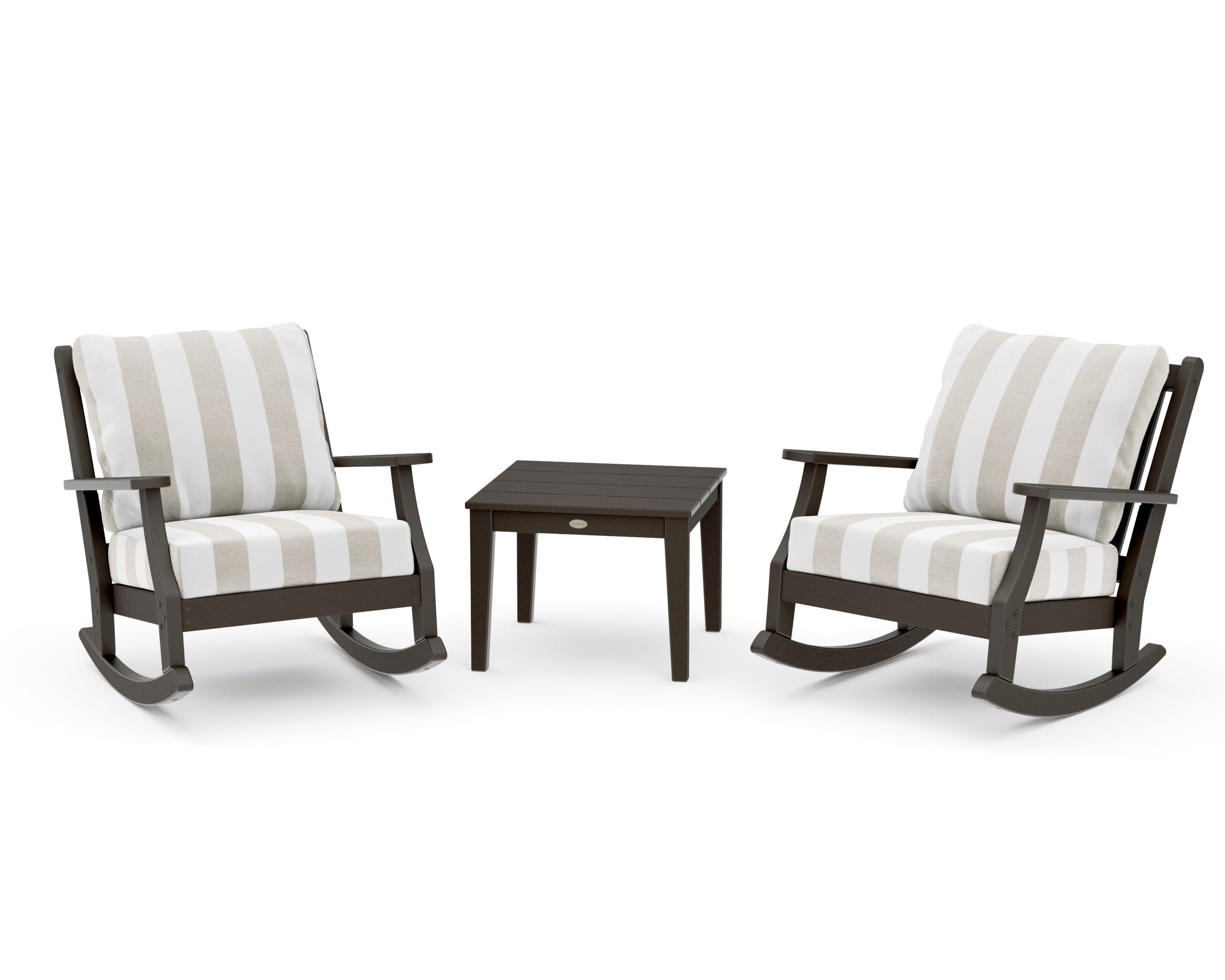 Wovendale 3-Piece Deep Seating Rocker Set in Vintage Coffee / Cabana Stripe Dune Burlap