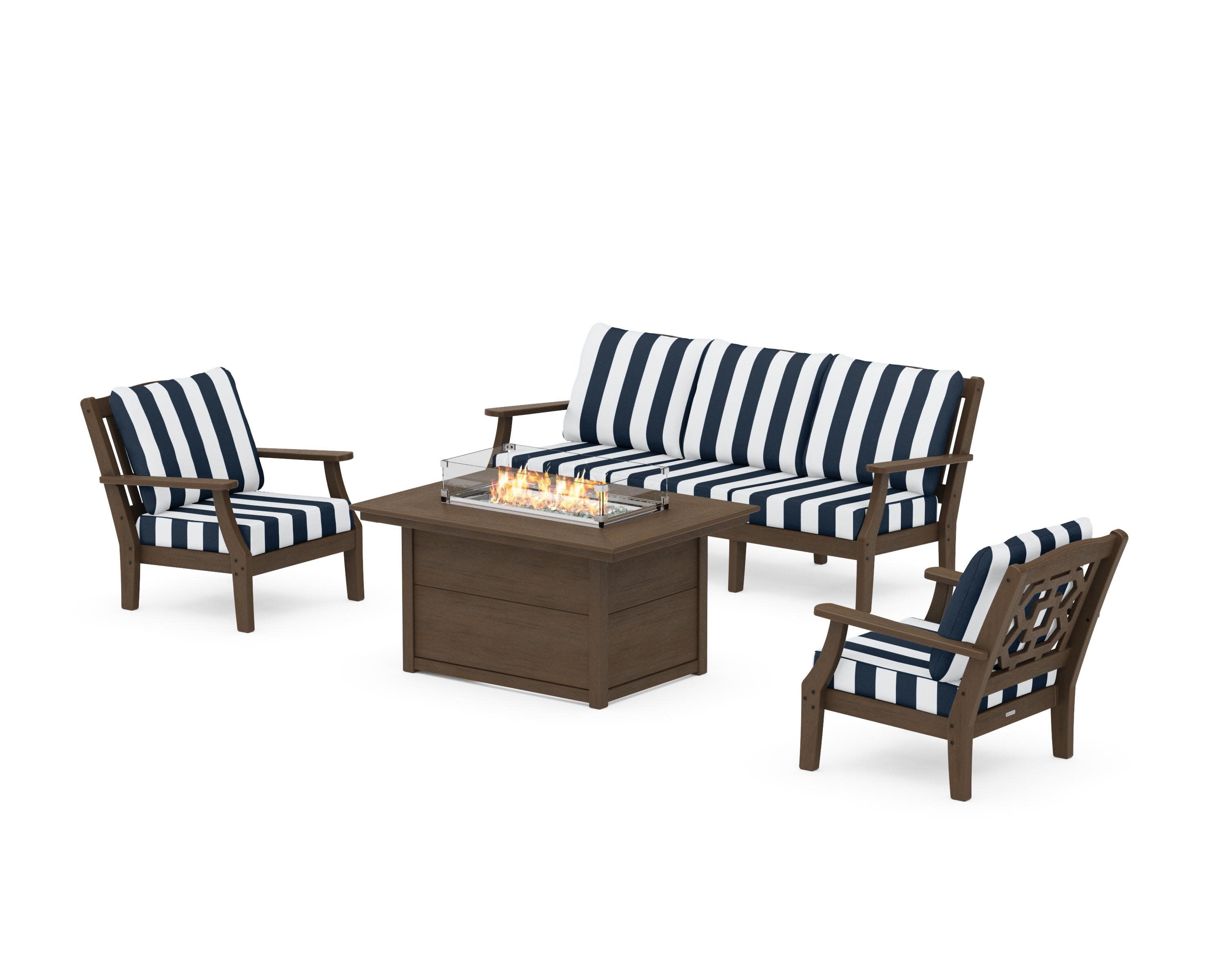 Chinoiserie Deep Seating Fire Pit Table Set in Kona / Cabana Stripe Marine Indigo