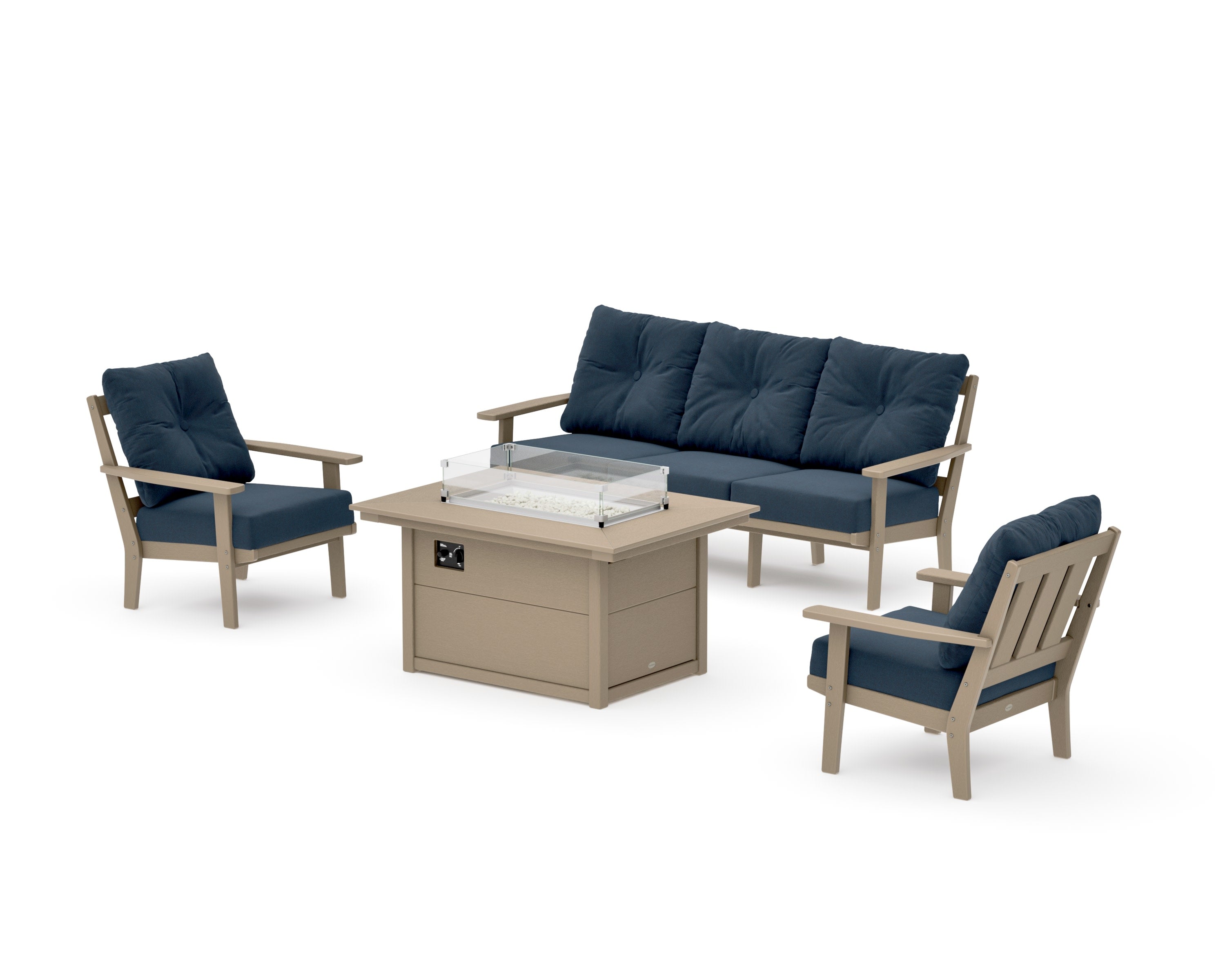 Oxford Deep Seating Fire Pit Table Set in Vintage Sahara / Marine Indigo