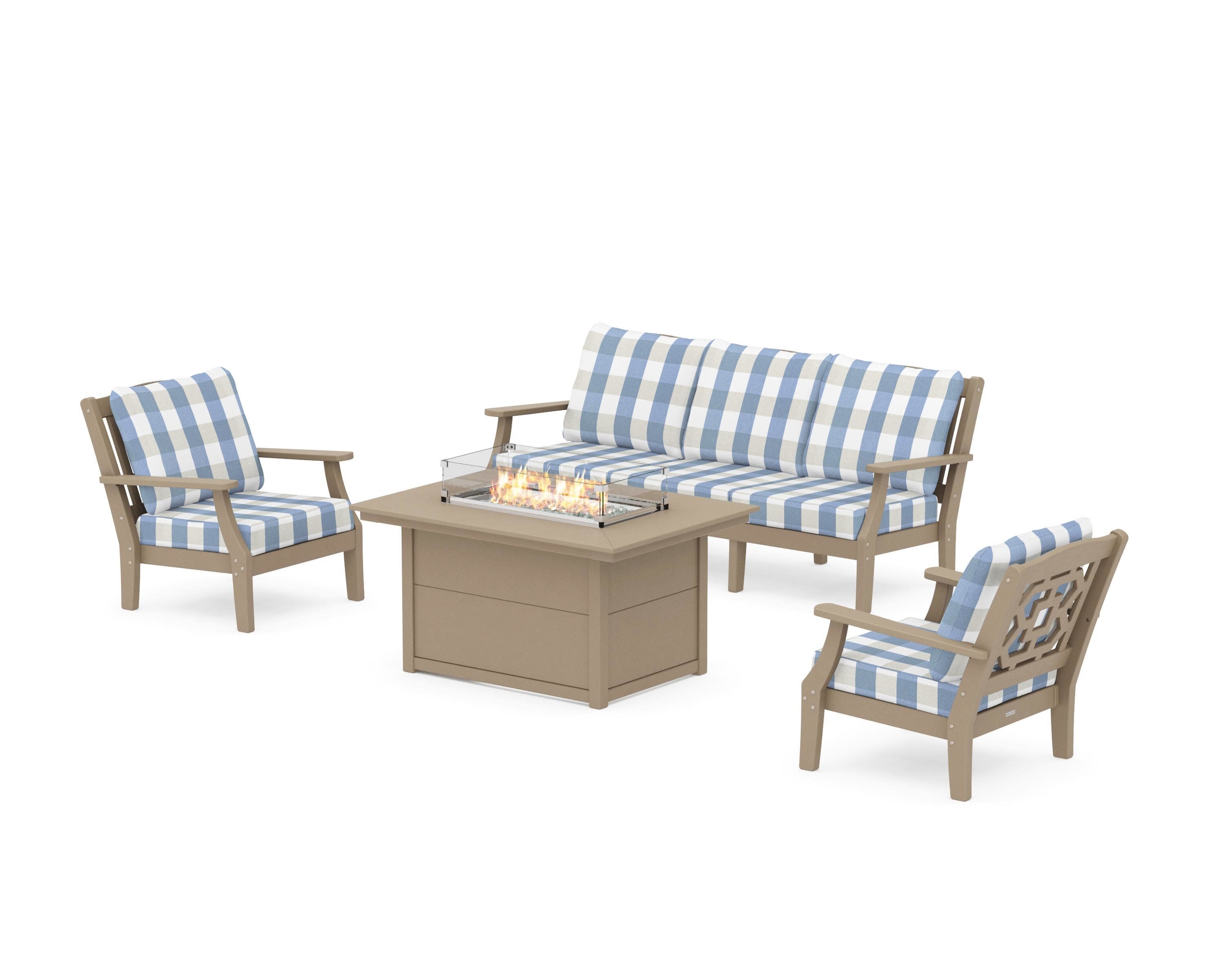 Chinoiserie Deep Seating Fire Pit Table Set in Vintage Sahara / Buffalo Plaid Sky Blue