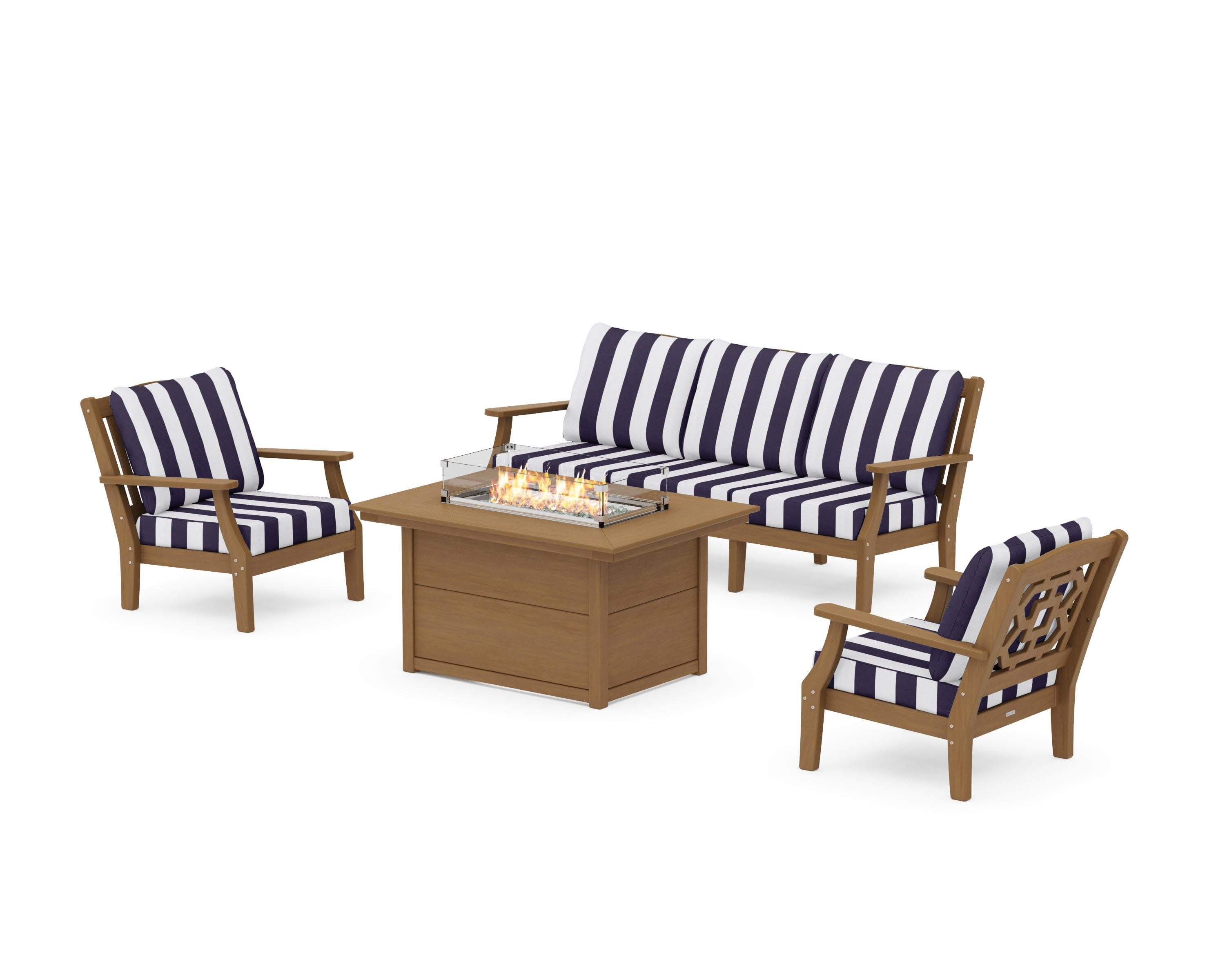 Chinoiserie Deep Seating Fire Pit Table Set in Natural / Cabana Stripe Navy
