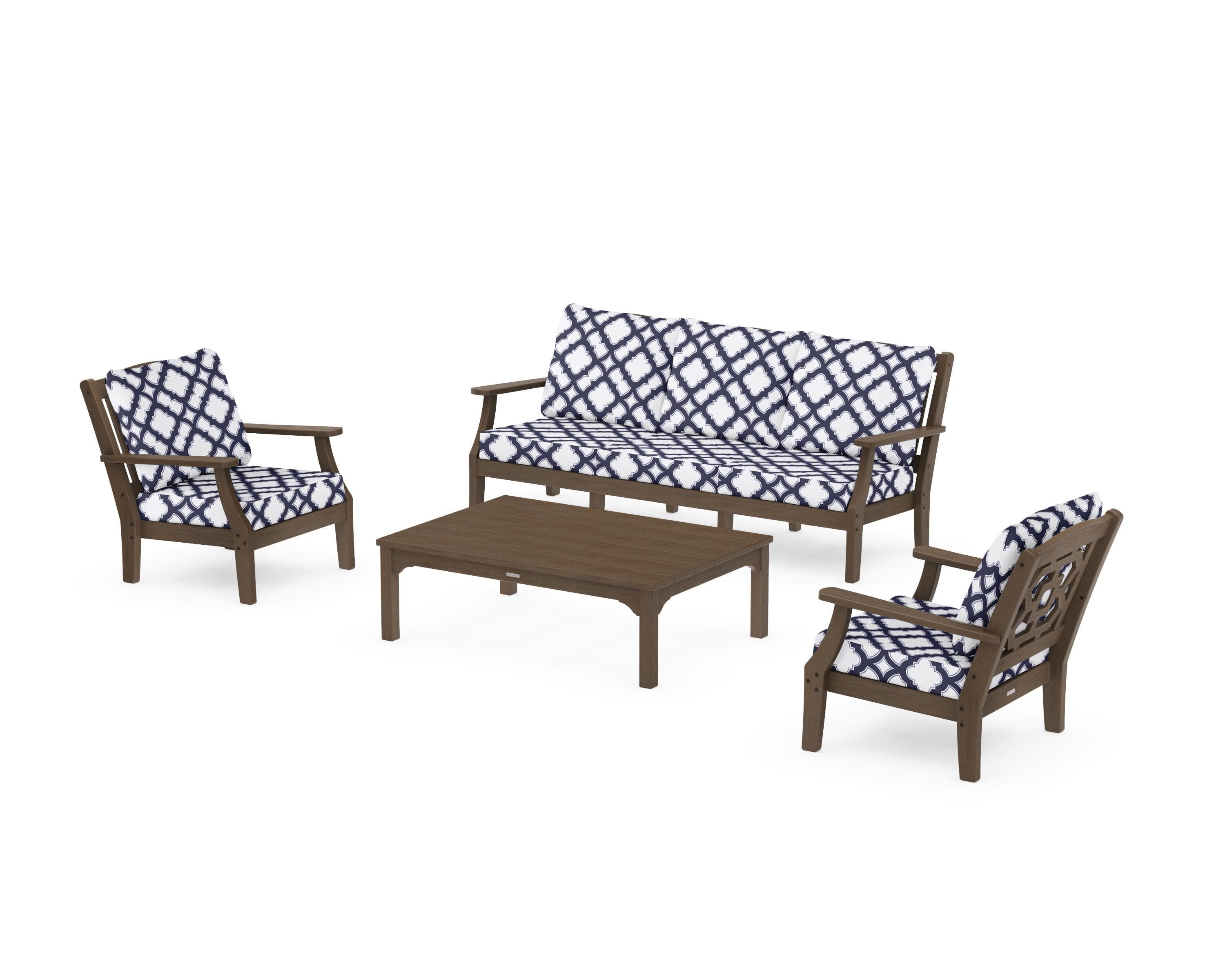 Chinoiserie 4-Piece Deep Seating Set with Sofa in Kona / Trellis Navy