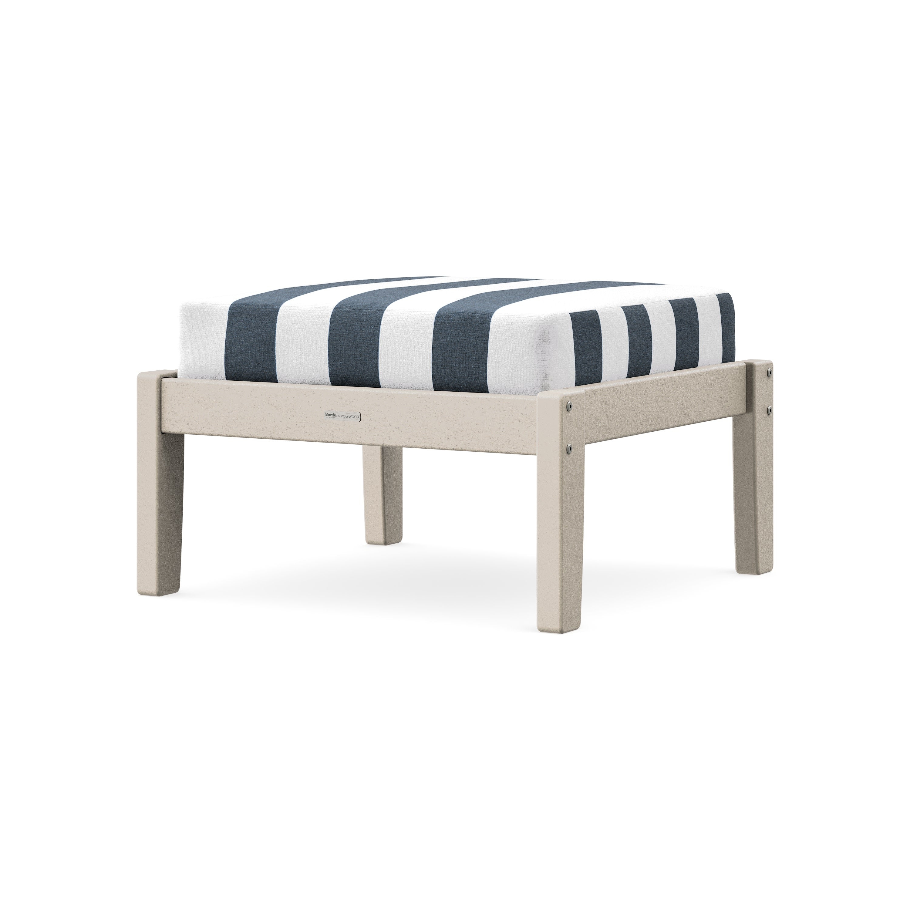 Chinoiserie Deep Seating Ottoman in Sand / Cabana Stripe Marine Indigo