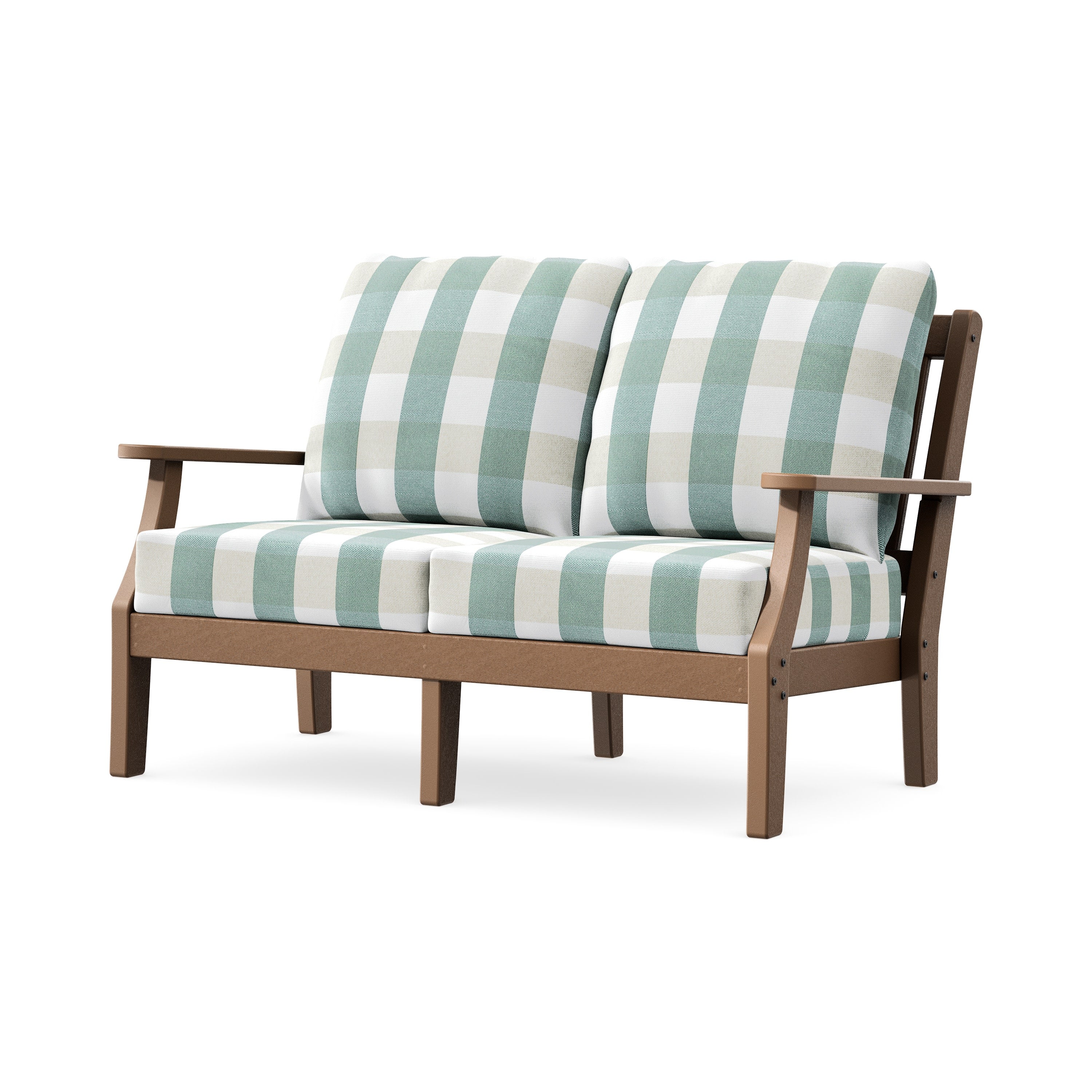 Chinoiserie Deep Seating Loveseat in Teak / Buffalo Plaid Glacier Spa