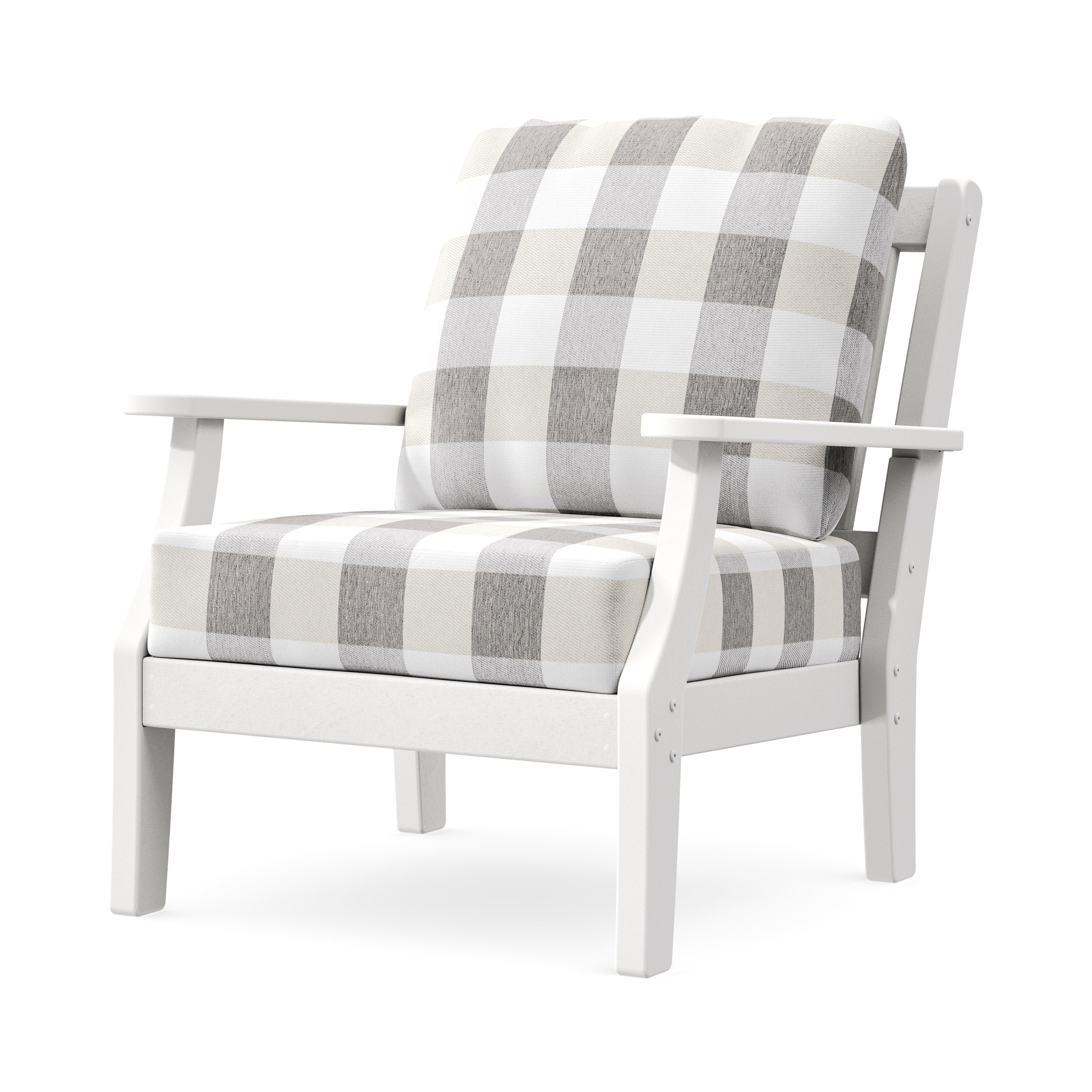 Chinoiserie Deep Seating Chair in White / Buffalo Plaid Grey Mist