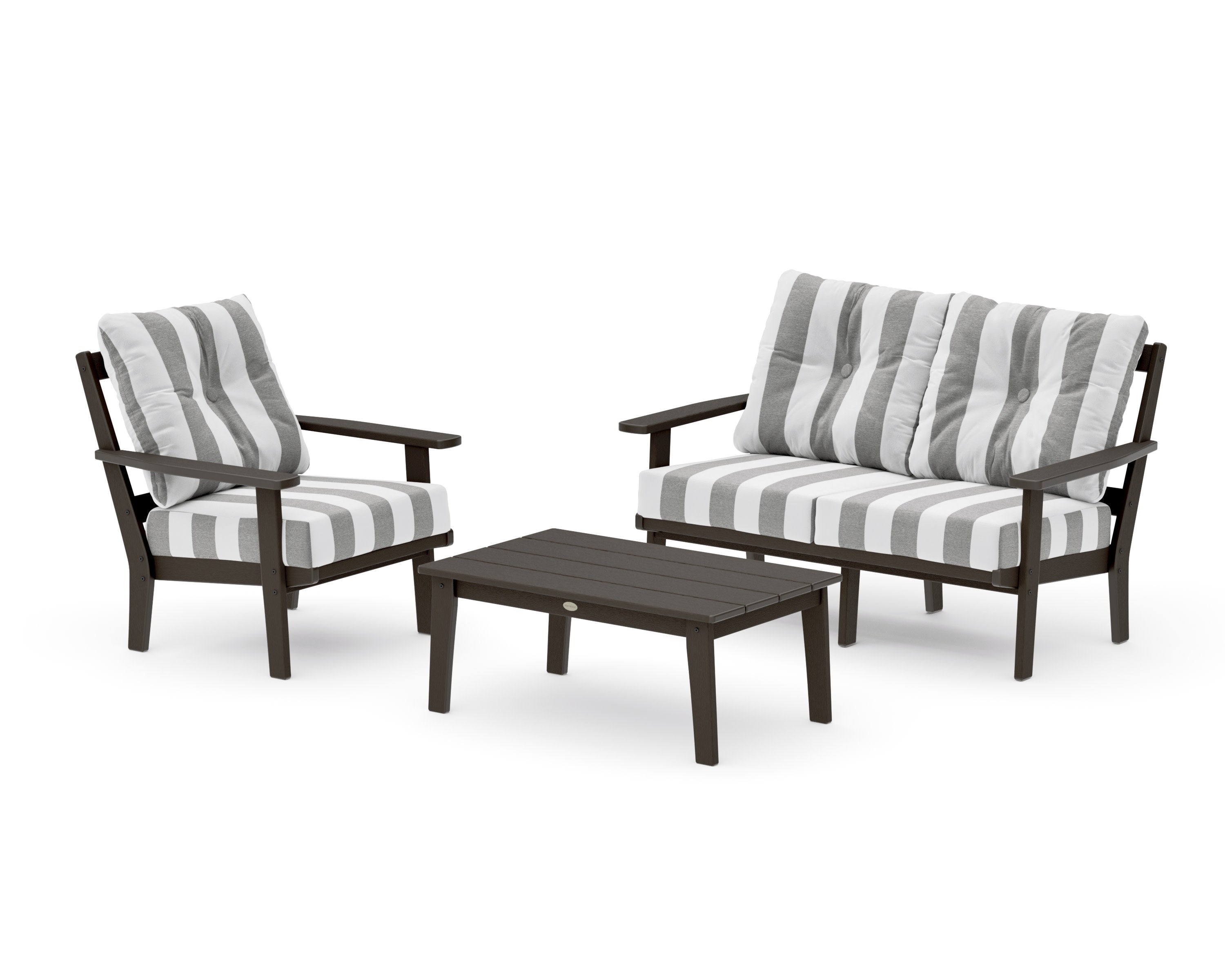 Oxford 3-Piece Deep Seating Set with Loveseat in Vintage Coffee / Cabana Stripe Grey Mist