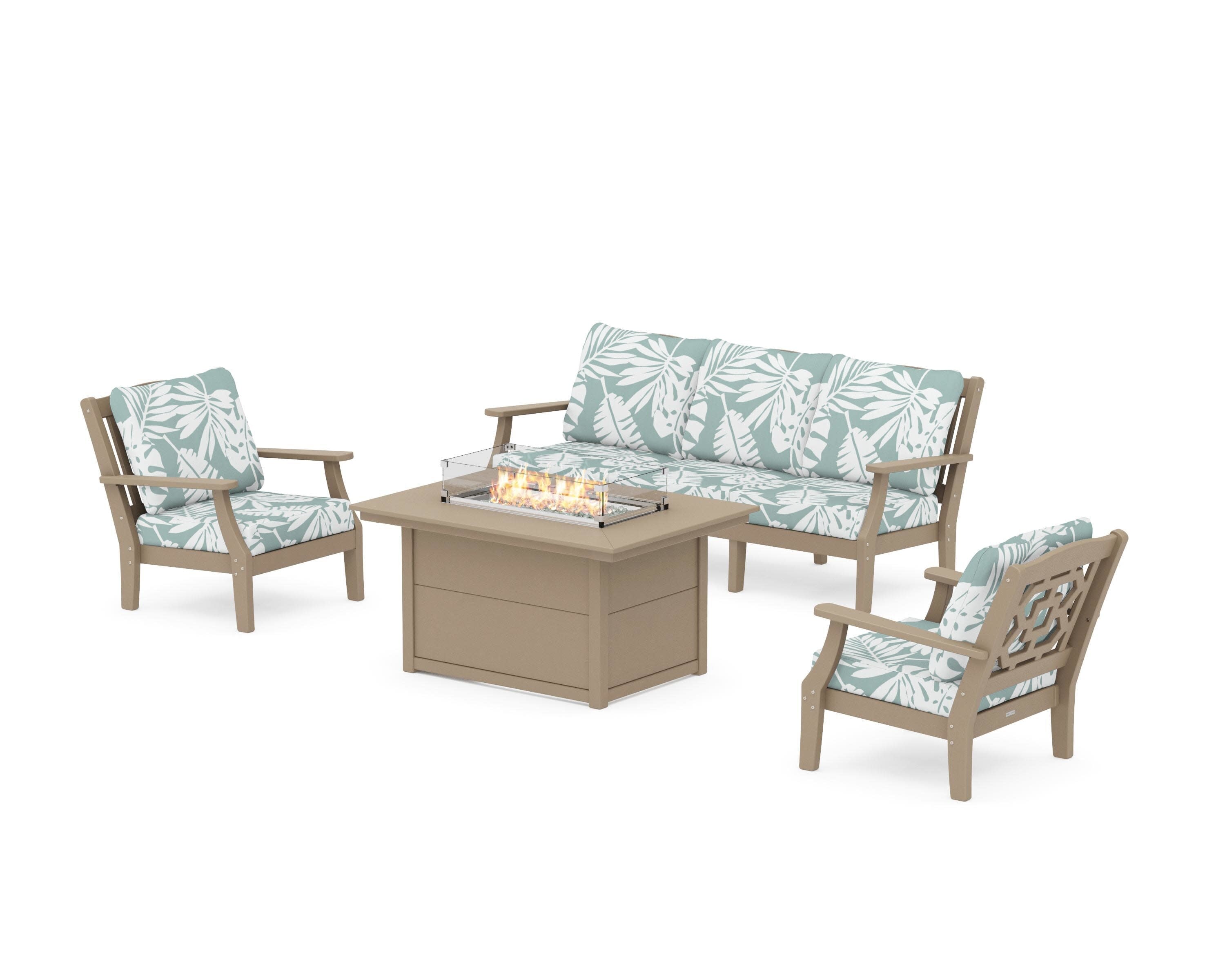 Chinoiserie Deep Seating Fire Pit Table Set in Vintage Sahara / Leaf Glacier Spa