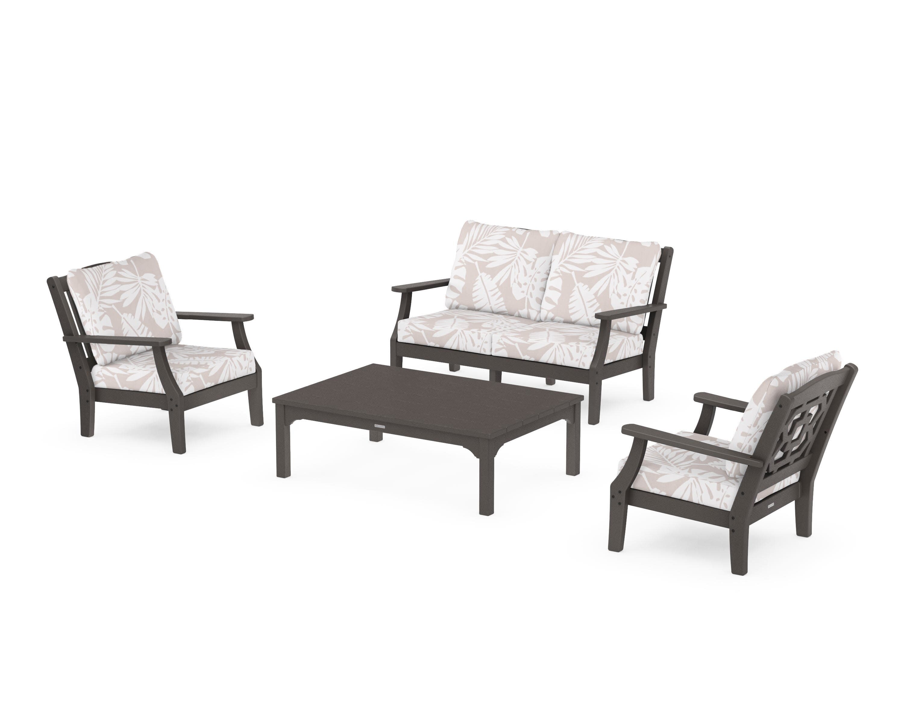 Chinoiserie 4-Piece Deep Seating Set with Loveseat in Vintage Coffee / Leaf Dune Burlap