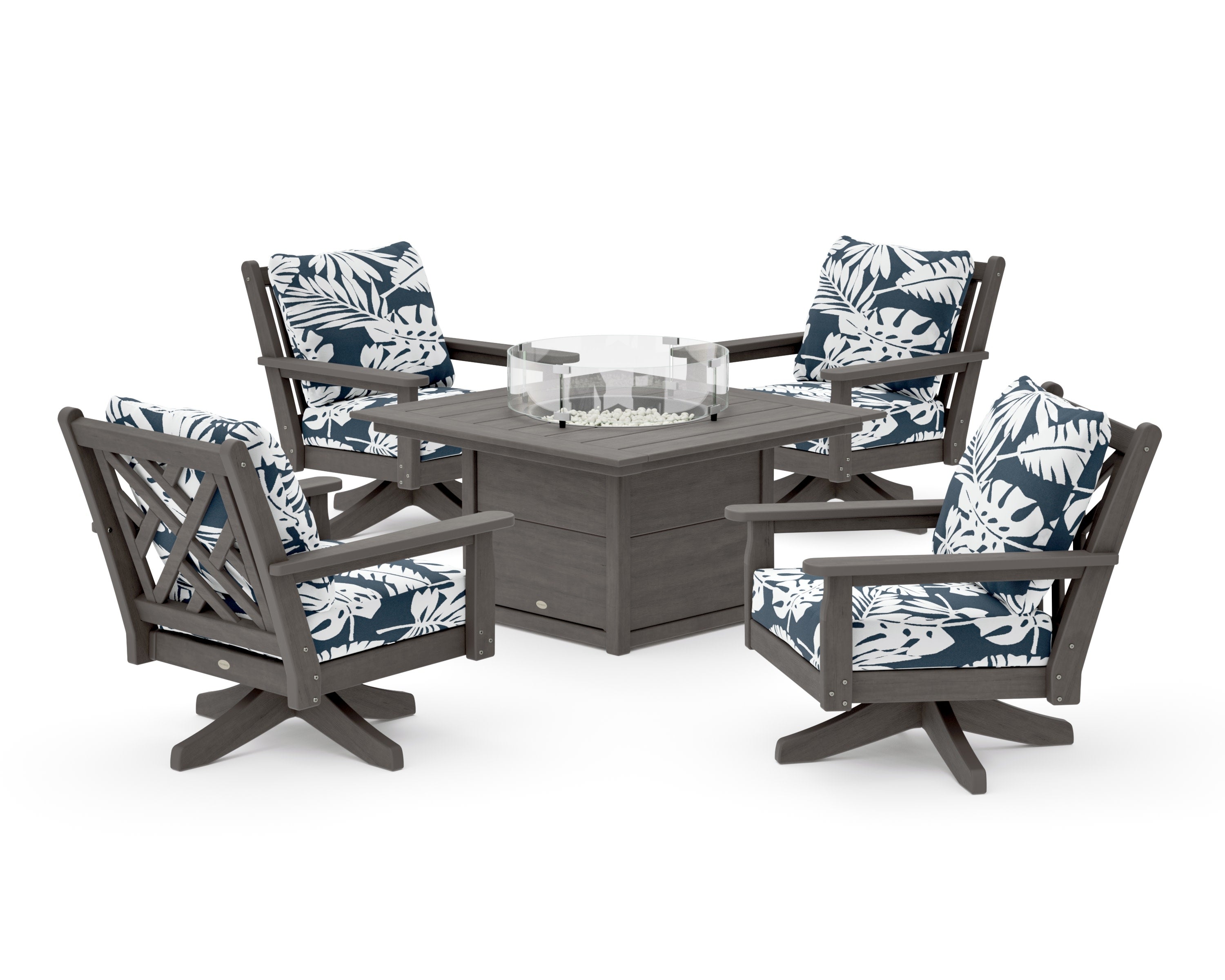 Chippendale 5-Piece Deep Seating Swivel Conversation Set with Fire Pit Table in Driftwood / Leaf Marine Indigo