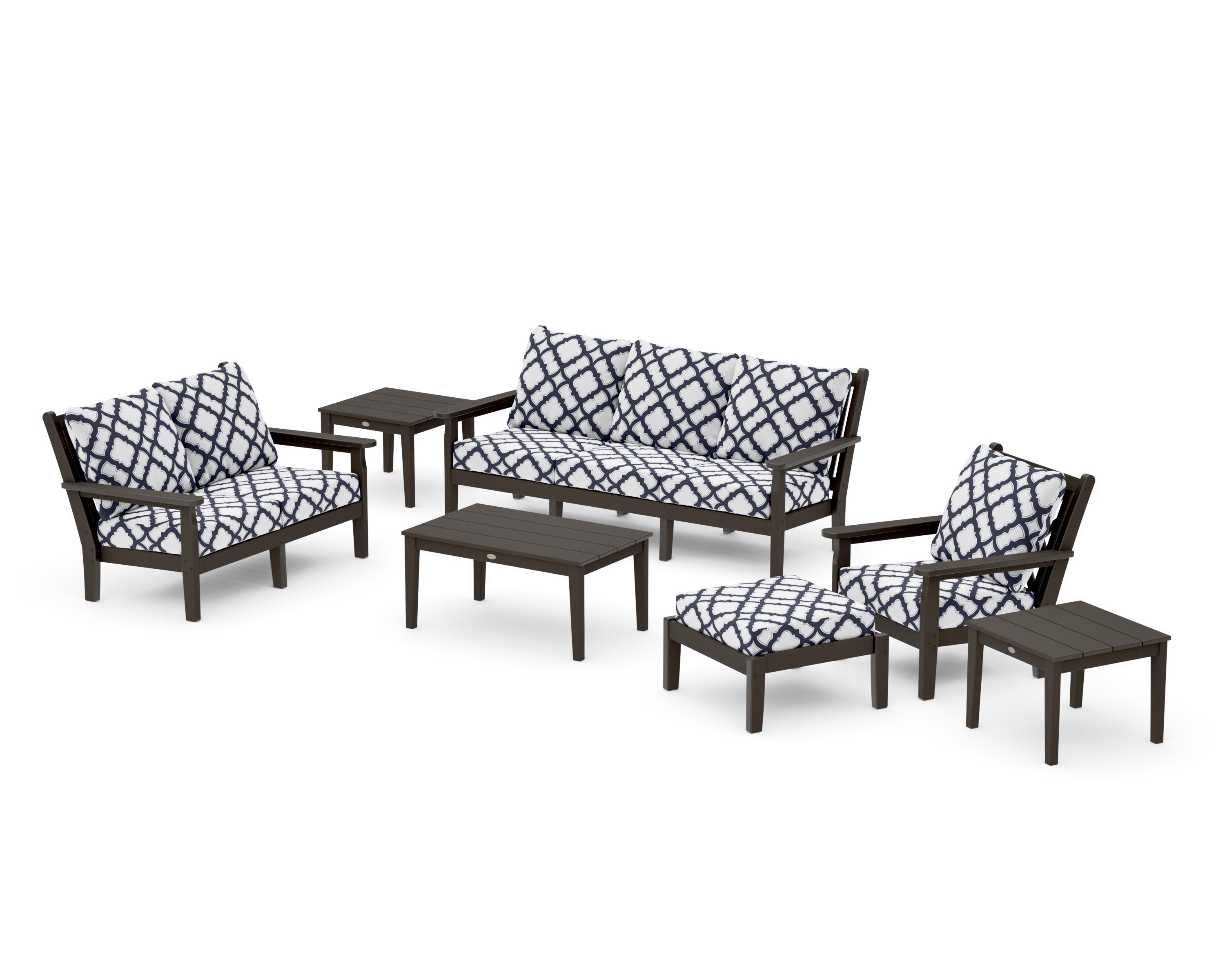 Chippendale 7-Piece Deep Seating Set in Vintage Coffee / Trellis Navy