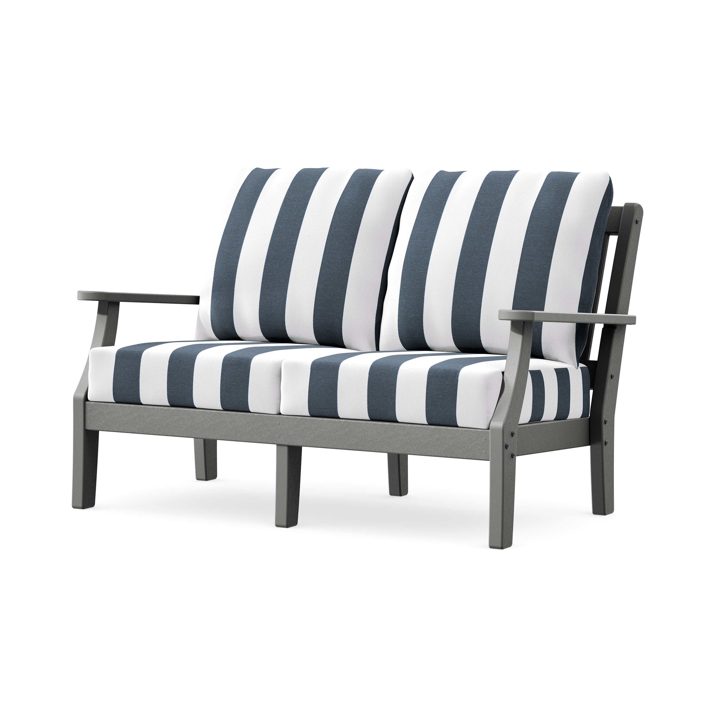 Chinoiserie Deep Seating Loveseat in Slate Grey / Cabana Stripe Marine Indigo