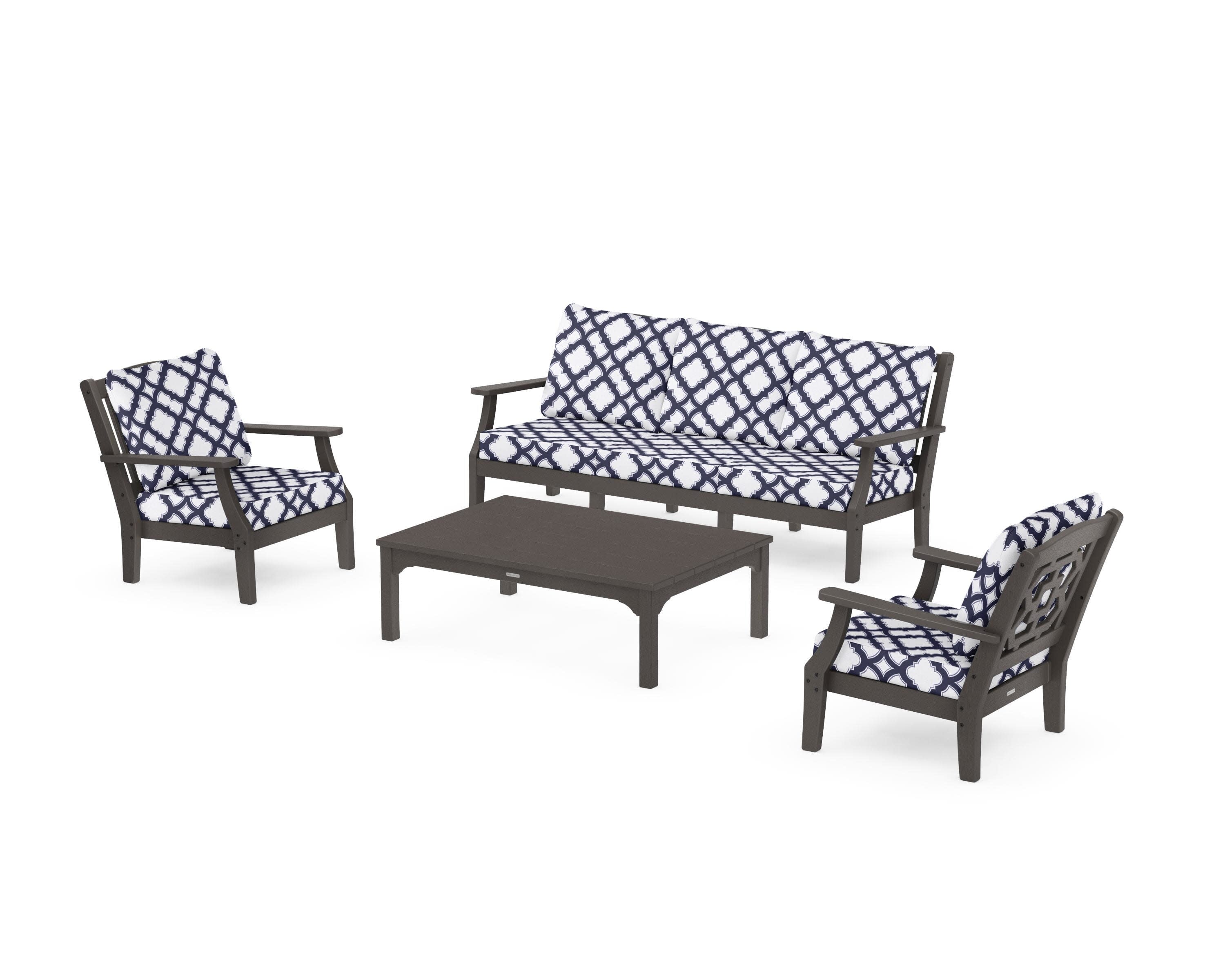 Chinoiserie 4-Piece Deep Seating Set with Sofa in Vintage Coffee / Trellis Navy