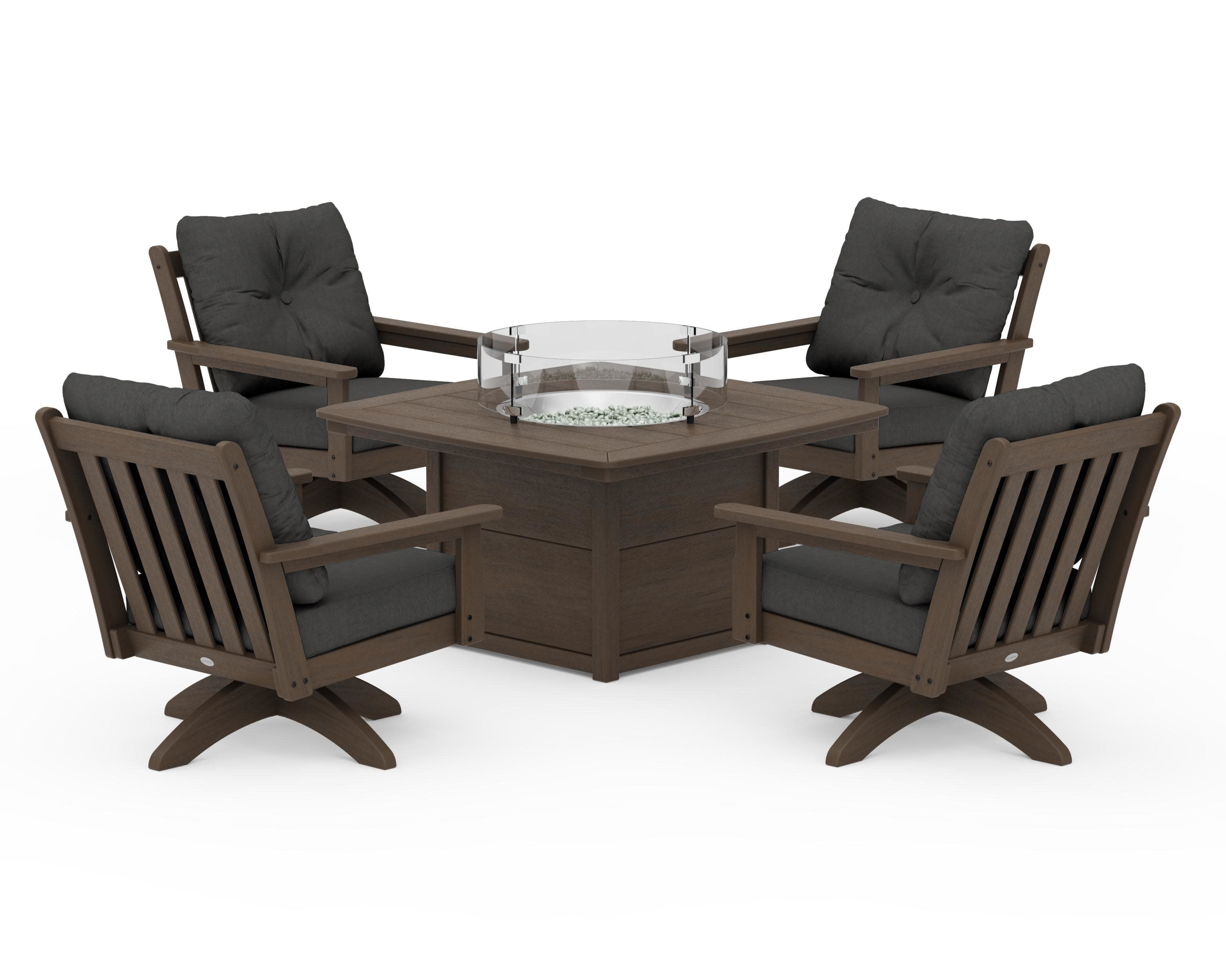 Vineyard 5-Piece Deep Seating Swivel Conversation Set with Fire Pit Table in Kona / Spectrum Carbon