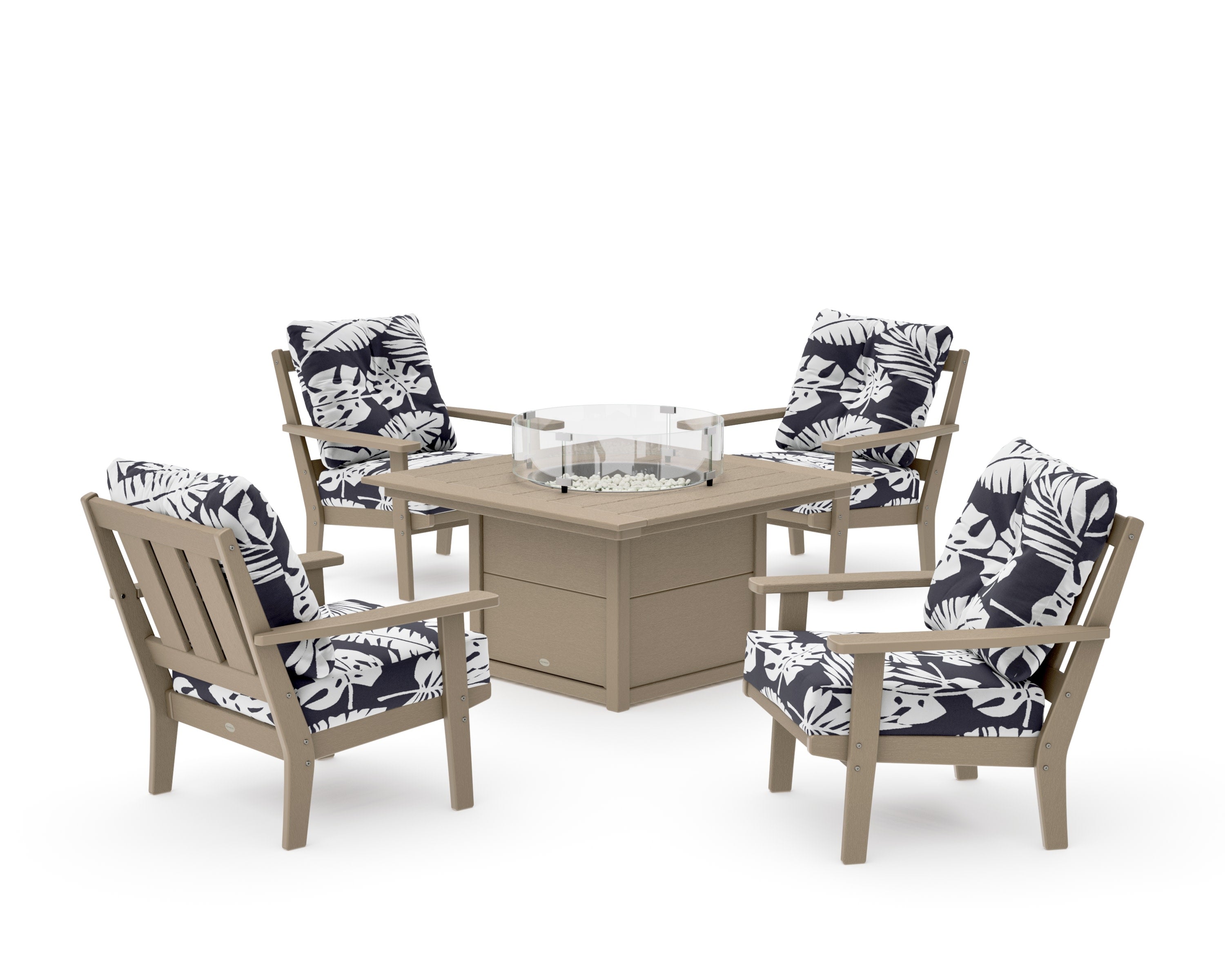 Oxford 5-Piece Deep Seating Set with Fire Pit Table in Vintage Sahara / Leaf Navy