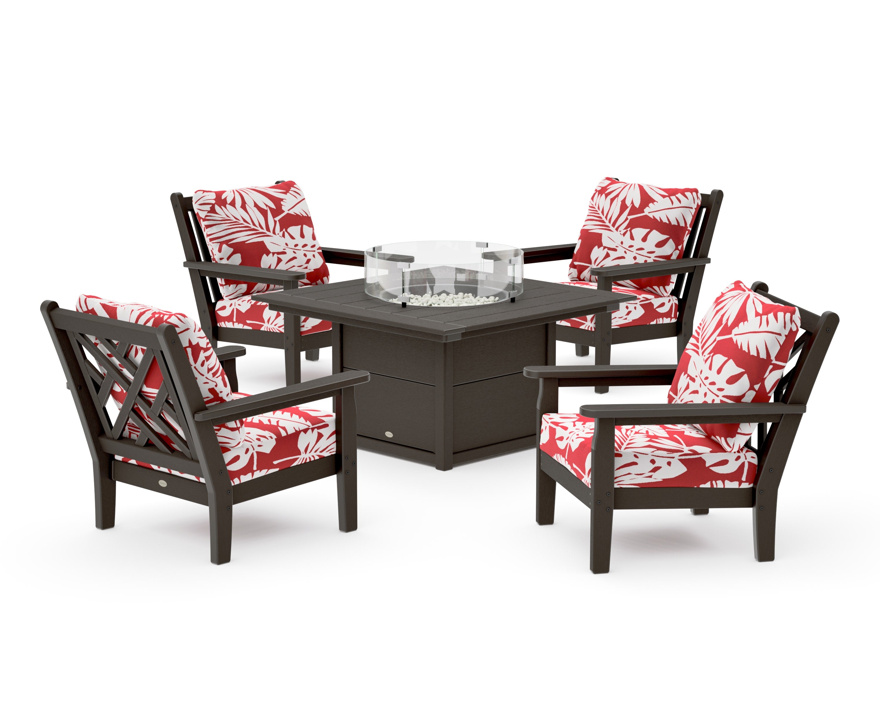 Chippendale 5-Piece Deep Seating Set with Fire Pit Table in Vintage Coffee / Leaf Crimson