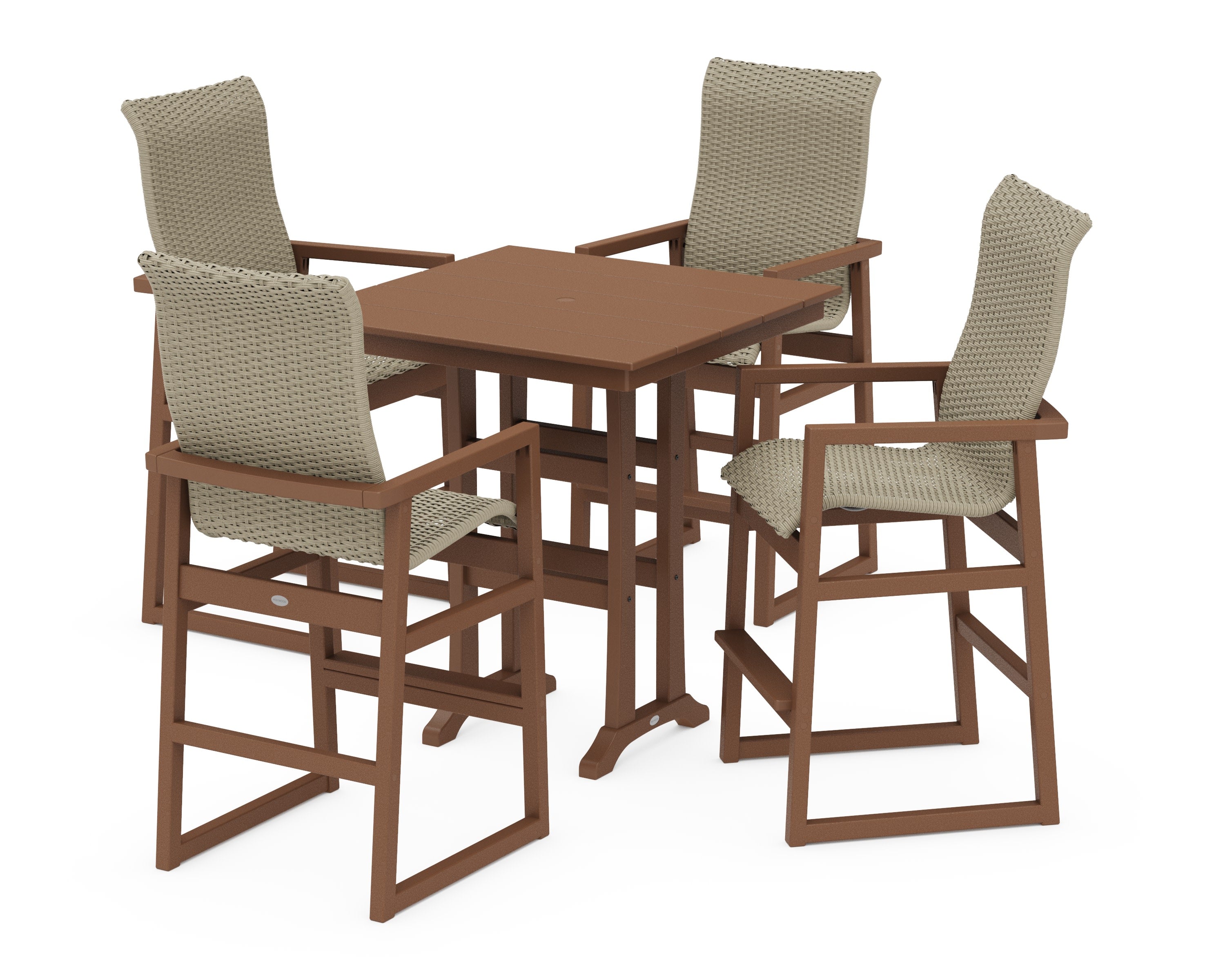 EDGE Woven Highback 5-Piece Farmhouse Bar Set with Trestle Legs in Teak / Dune Grass